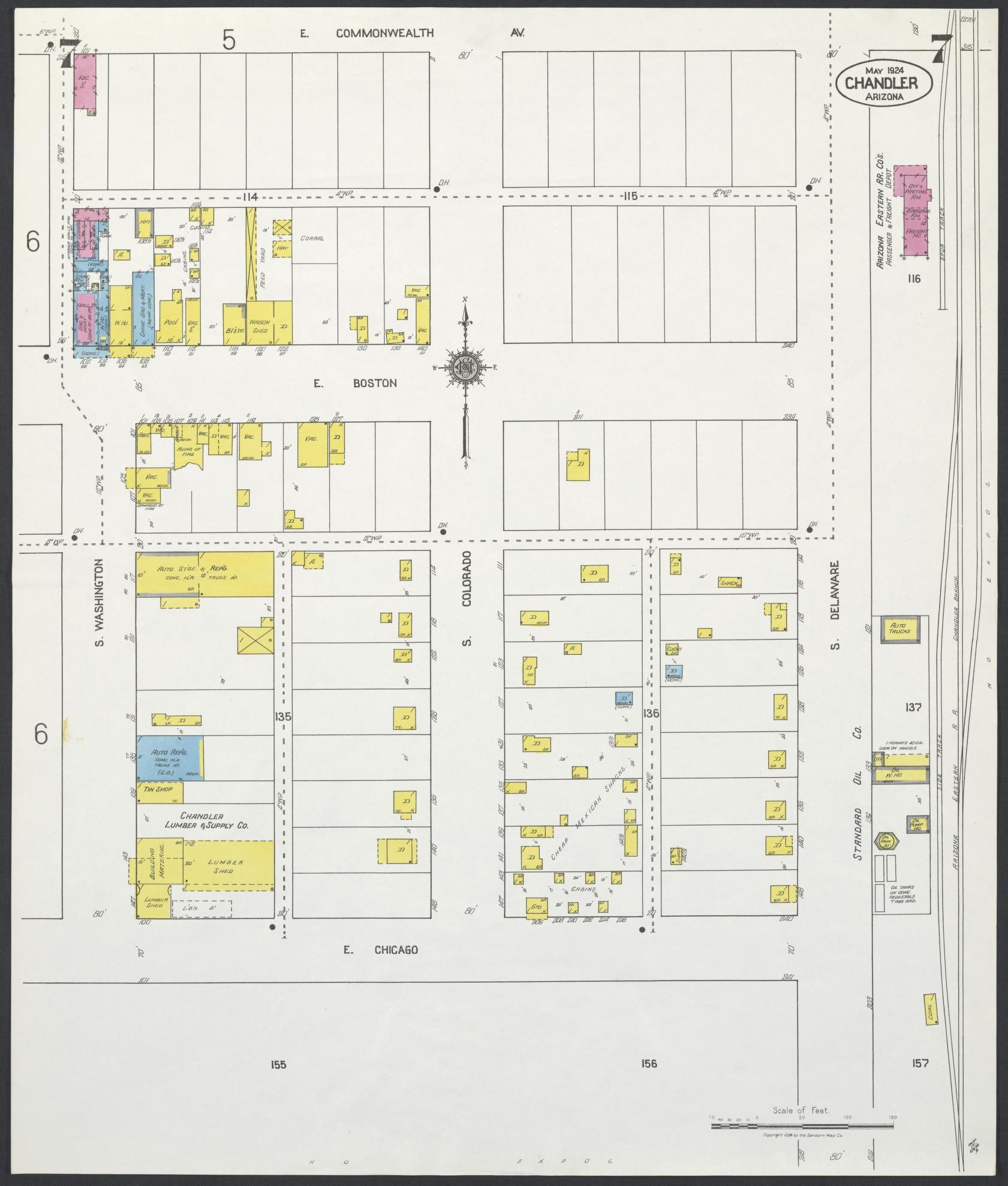 Sanborn Fire Insurance Map from Chandler, Maricopa County, Arizona (1924), Sheet #0007 - Complete Map Set gallery image, historic Sanborn map, vintage wall art, Arizona Arizona