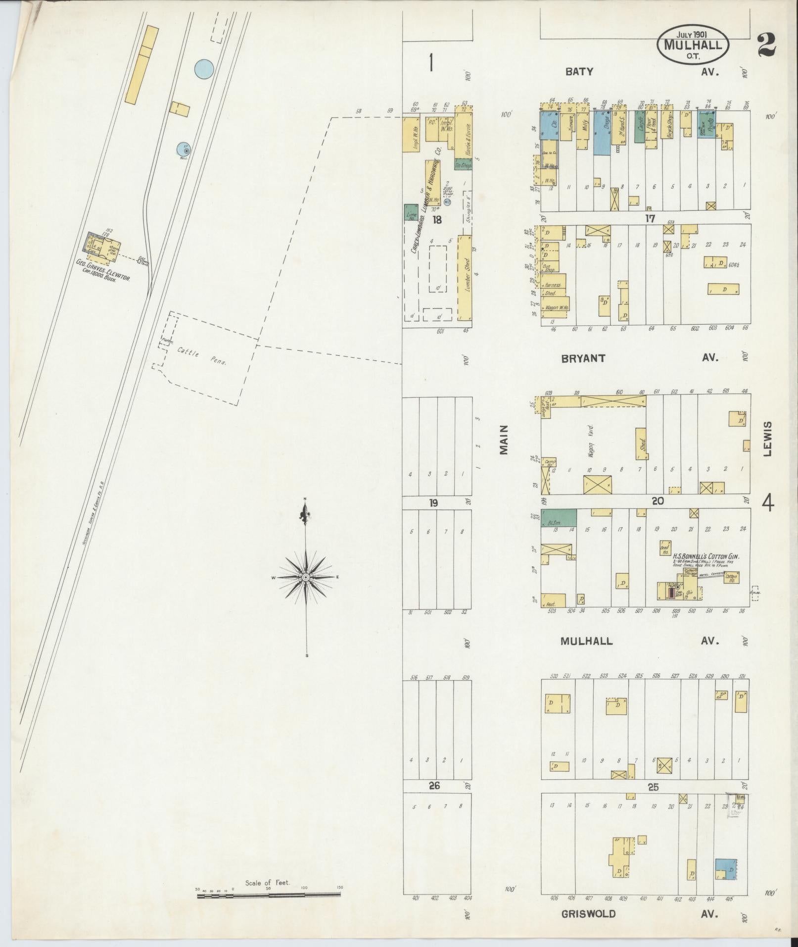 Sanborn Fire Insurance Map from Mulhall, Logan County, Oklahoma (1901), Sheet #0002 - Complete Map Set gallery image, historic Sanborn map, vintage wall art, Oklahoma Oklahoma