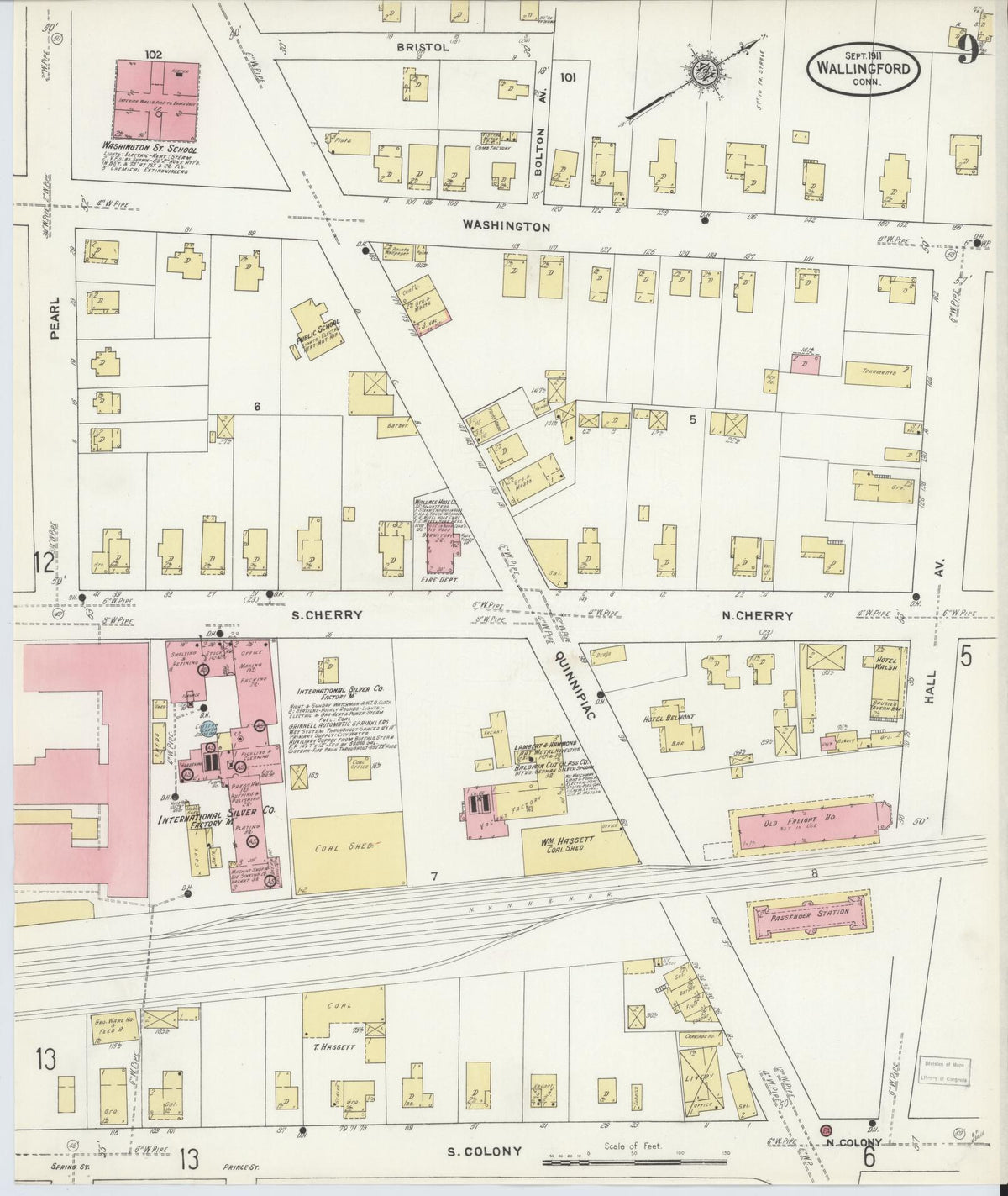 Sanborn Fire Insurance Map from Wallingford, New Haven County, Connecticut (1911), Sheet #0009 - Historic Sanborn Fire Insurance Map Print, vintage old map wall art, antique decor, genealogy gift, Connecticut Connecticut map
