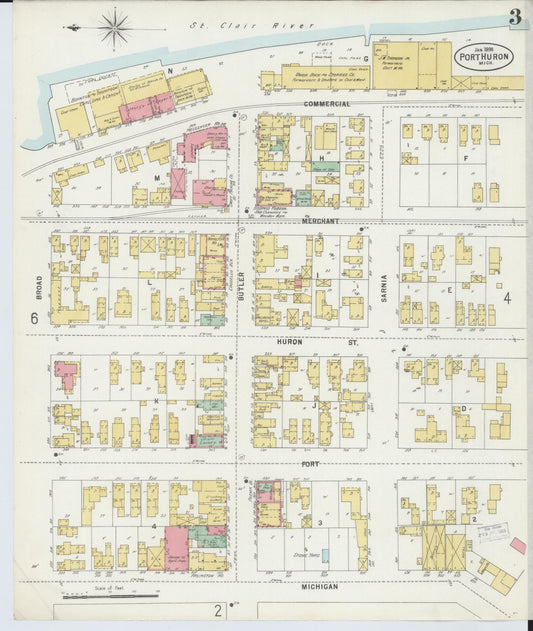Sanborn Fire Insurance Map from Port Huron, Saint Clair County, Michigan (1898), Sheet #0003 - Historic Sanborn Fire Insurance Map Print, vintage old map wall art, antique decor, genealogy gift, Michigan Michigan map