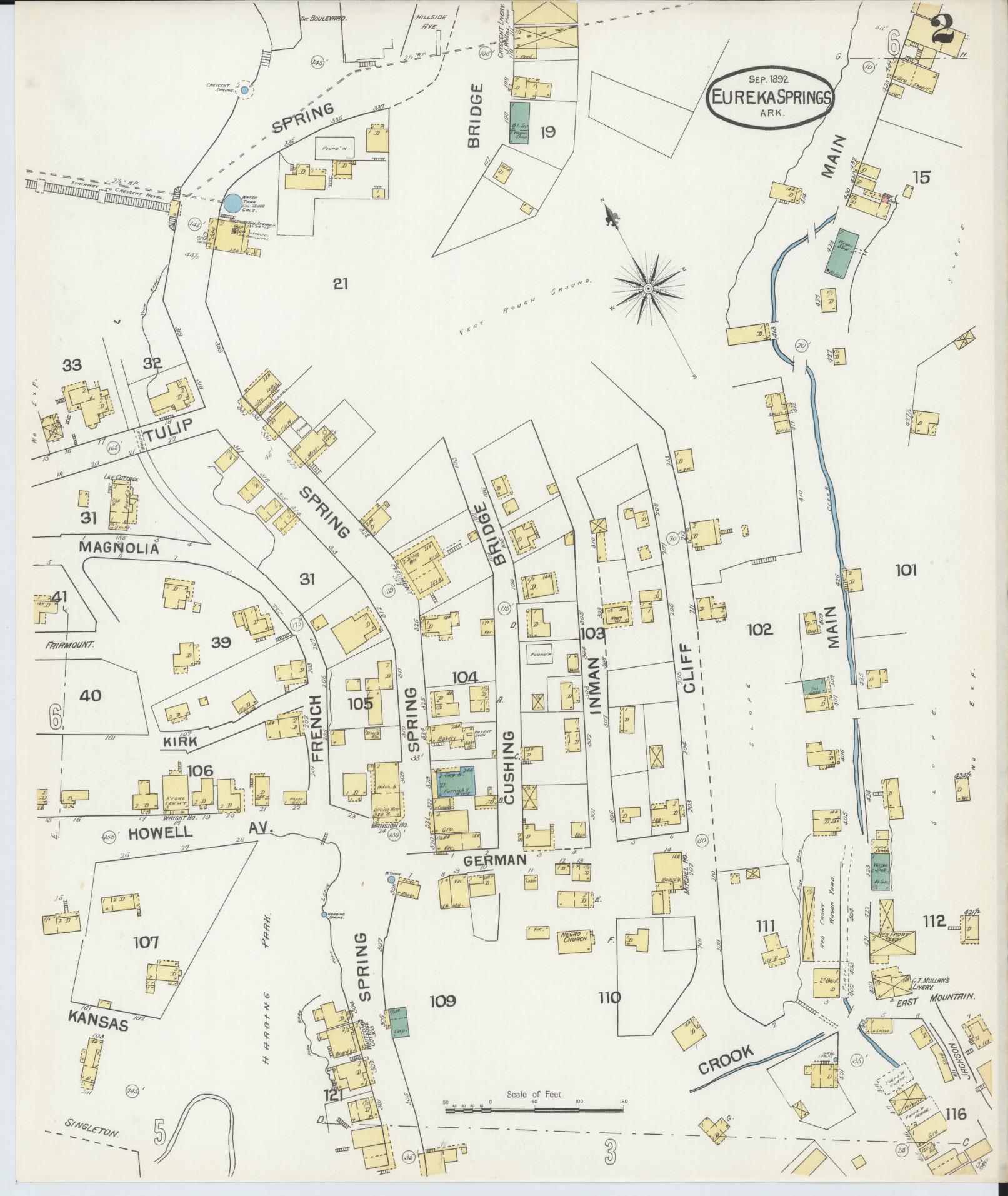 Sanborn Fire Insurance Map from Eureka Springs, Carroll County, Arkansas (1892), Sheet #0002 - Historic Sanborn Fire Insurance Map Print, vintage old map wall art, antique decor, genealogy gift, Arkansas Arkansas map