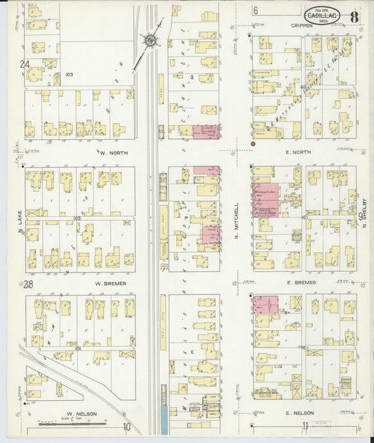 Sanborn Fire Insurance Map from Cadillac, Wexford County, Michigan (1914), Sheet #0008 - Historic Sanborn Fire Insurance Map Print, vintage old map wall art, antique decor, genealogy gift, Michigan Michigan map