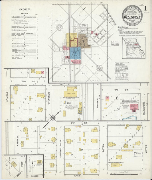 Sanborn Fire Insurance Map from Wellsville, Montgomery County, Missouri (1917), Sheet #0001 - Historic Sanborn Fire Insurance Map Print, vintage old map wall art, antique decor, genealogy gift, Missouri Missouri map
