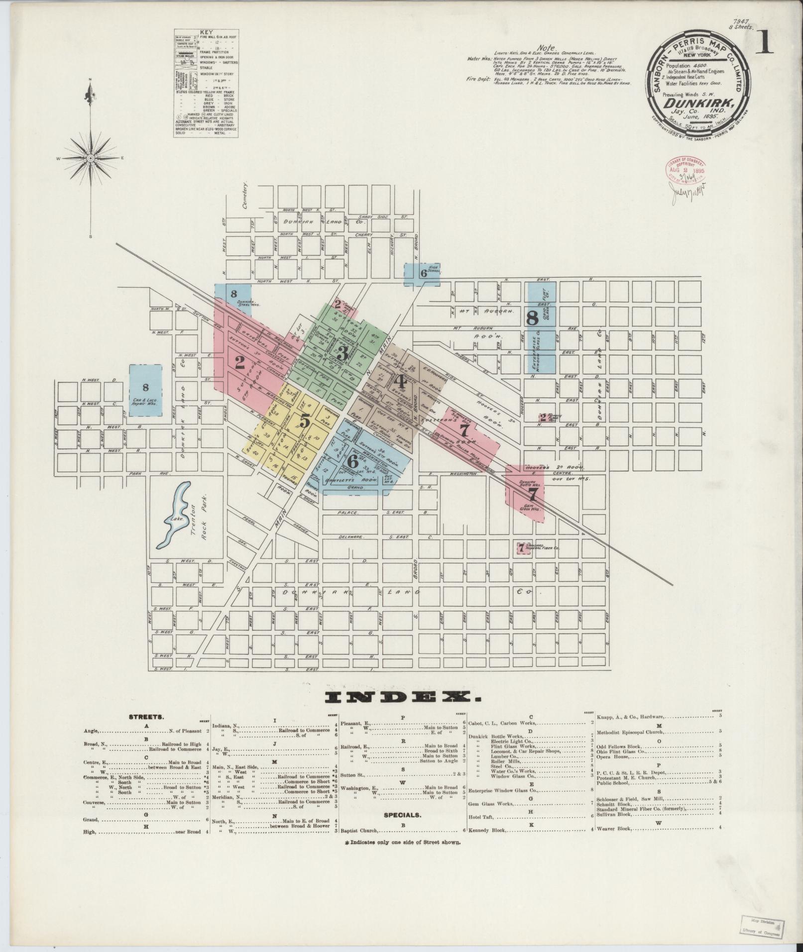 Sanborn Fire Insurance Map from Dunkirk, Jay And Blackford Counties, Indiana (1895), Sheet #0001 - Complete Map Set gallery image, historic Sanborn map, vintage wall art, Indiana Indiana
