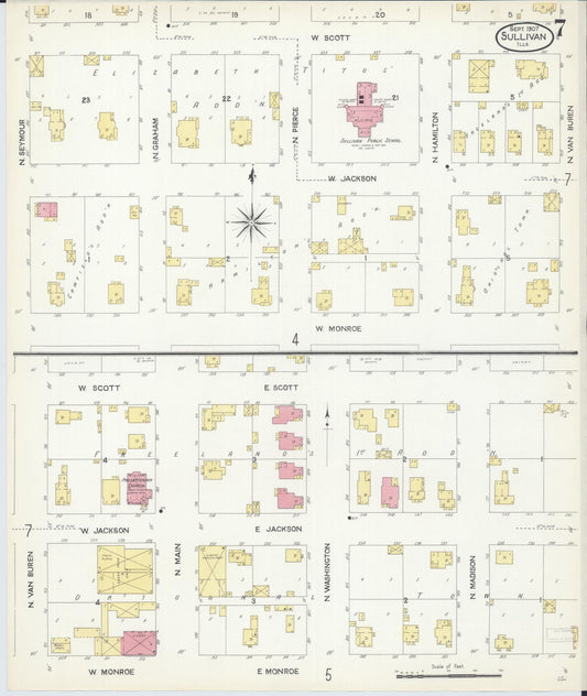 Sanborn Fire Insurance Map from Sullivan, Moultrie County, Illinois (1907), Sheet #0007 - Historic Sanborn Fire Insurance Map Print, vintage old map wall art, antique decor, genealogy gift, Illinois Illinois map