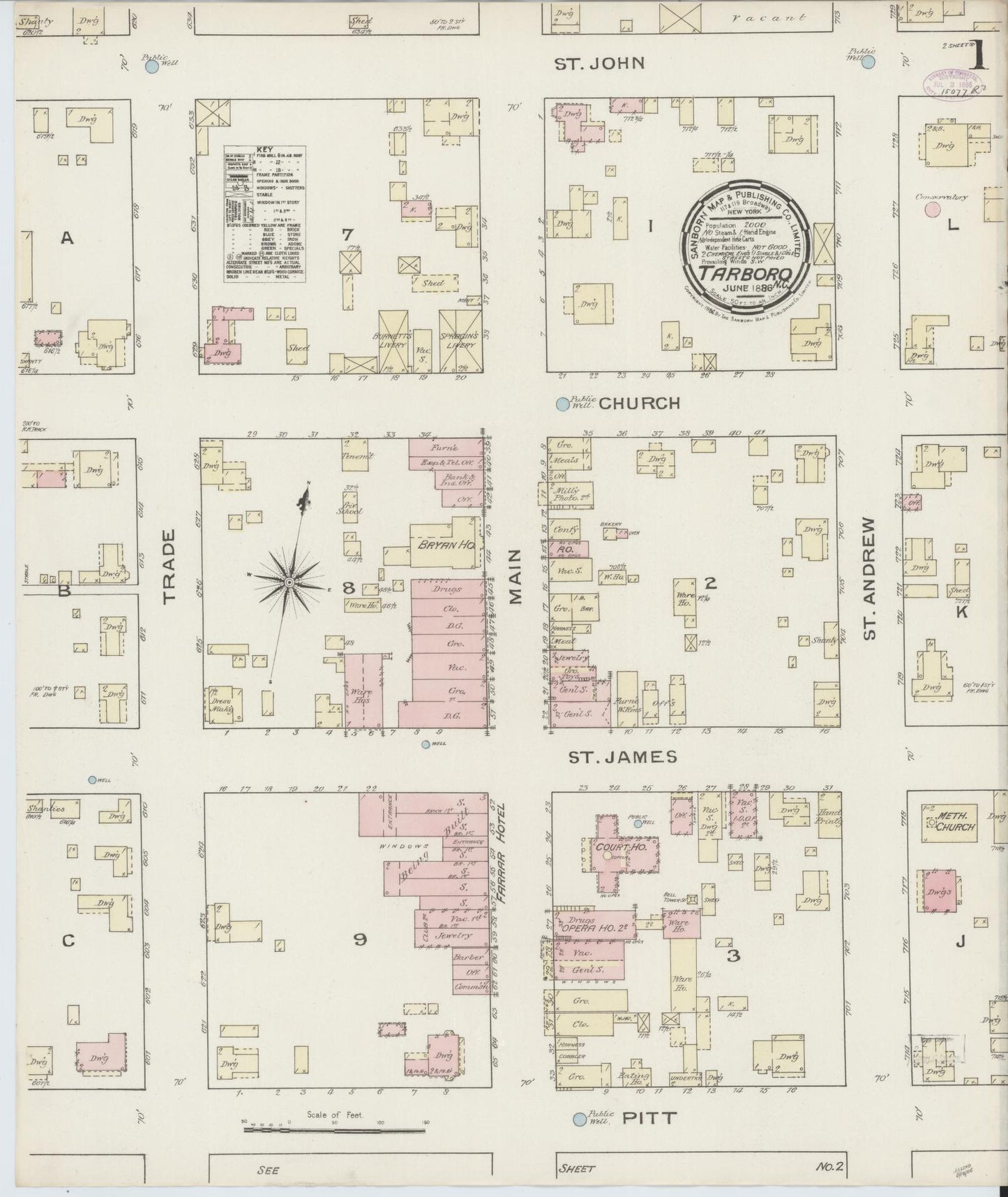 Sanborn Fire Insurance Map from Tarboro, Edgecombe County, North Carolina (1886), Sheet #0001 - Complete Map Set gallery image, historic Sanborn map, vintage wall art, North Carolina North Carolina