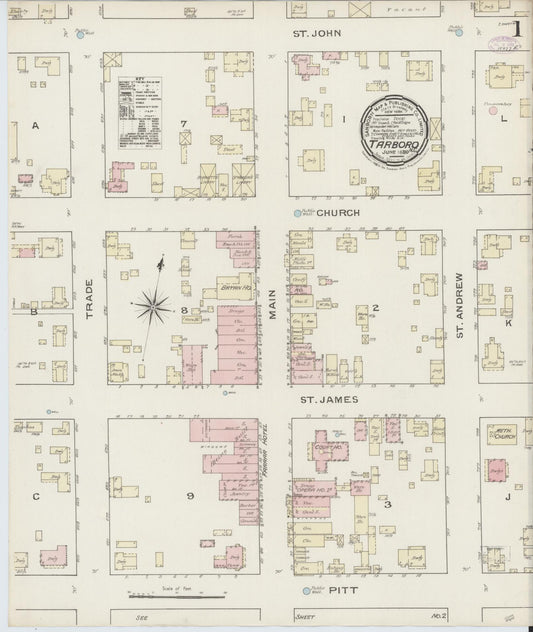 Sanborn Fire Insurance Map from Tarboro, Edgecombe County, North Carolina (1886), Sheet #0001 - Complete Map Set gallery image, historic Sanborn map, vintage wall art, North Carolina North Carolina