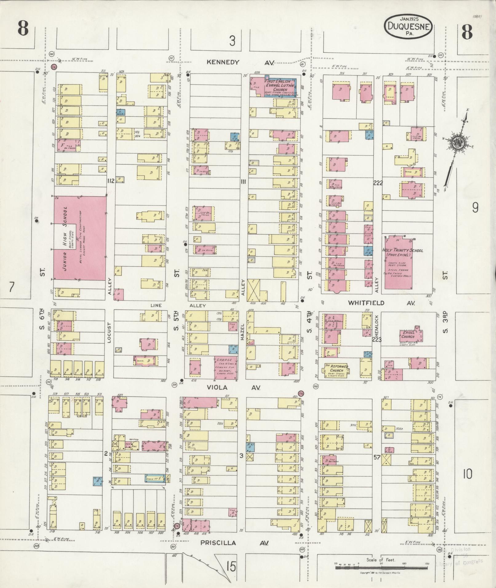 Sanborn Fire Insurance Map from Duquesne, Allegheny County, Pennsylvania (1925), Sheet #0008 - Historic Sanborn Fire Insurance Map Print, vintage old map wall art, antique decor, genealogy gift, Pennsylvania Pennsylvania map