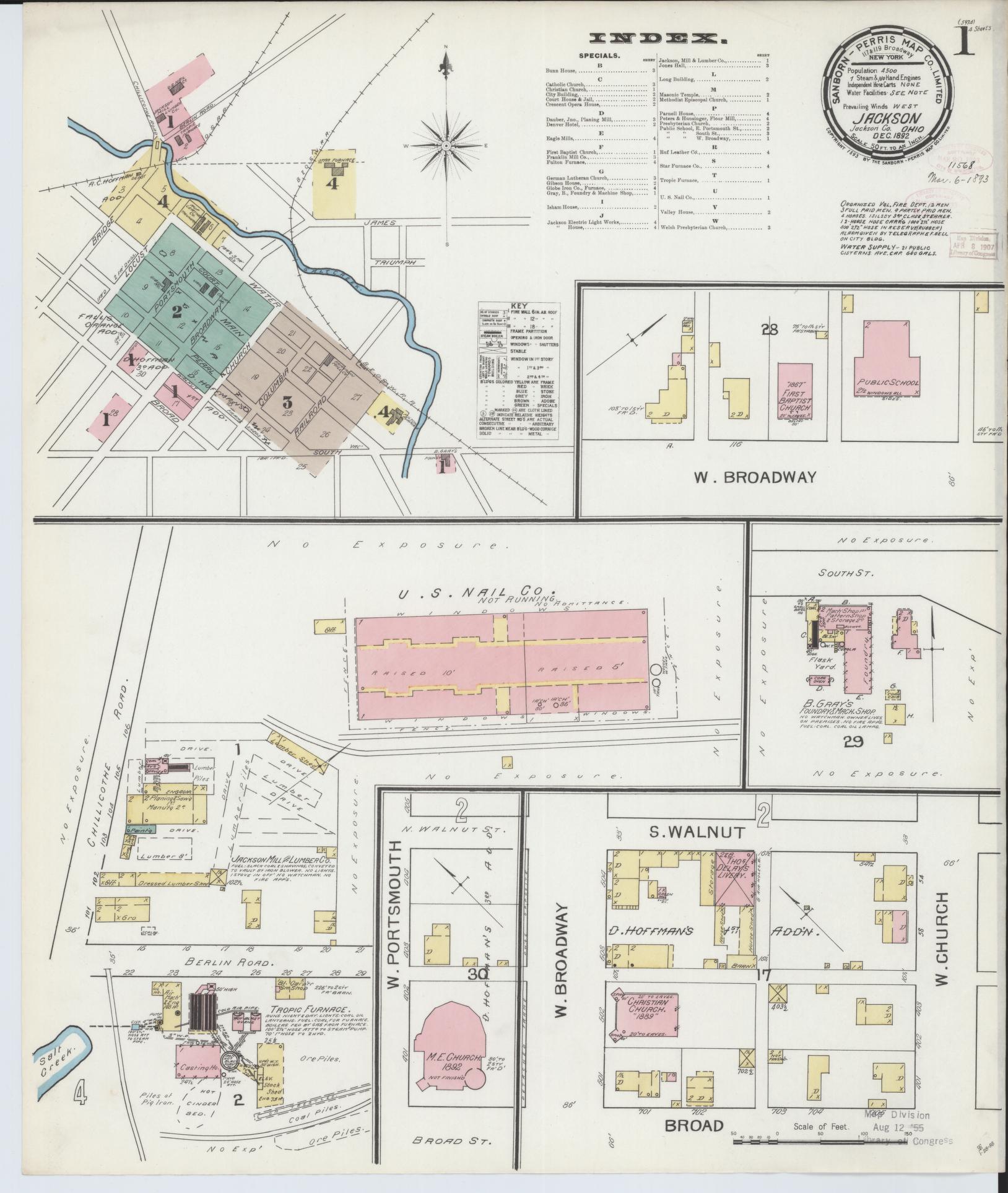 Sanborn Fire Insurance Map from Jackson, Jackson County, Ohio (1892), Sheet #0001 - Historic Sanborn Fire Insurance Map Print, vintage old map wall art, antique decor, genealogy gift, Ohio Ohio map