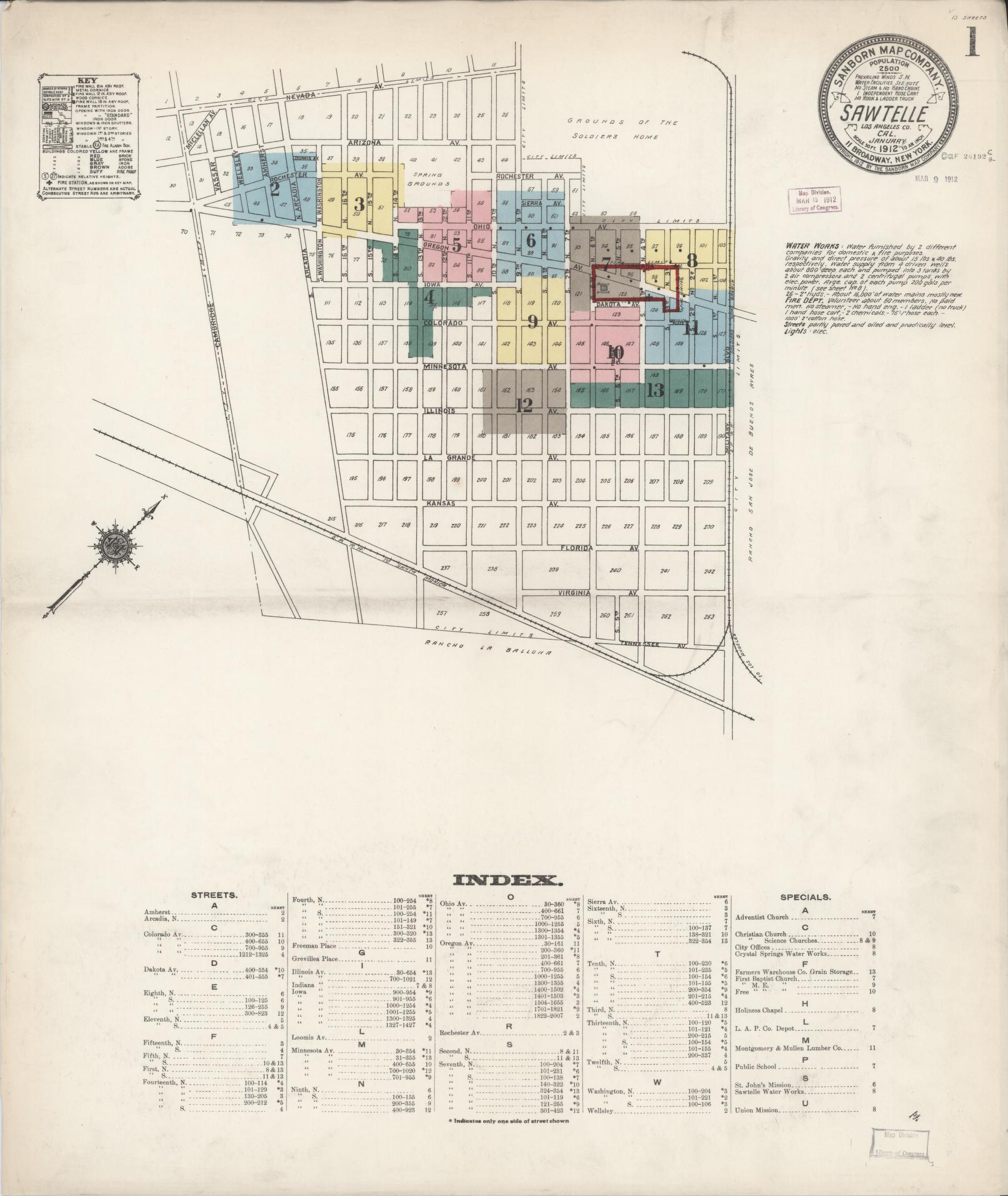 Sanborn Fire Insurance Map from Sawtelle, Los Angeles County, California (1912), Sheet #0001 - Complete Map Set gallery image, historic Sanborn map, vintage wall art, California California