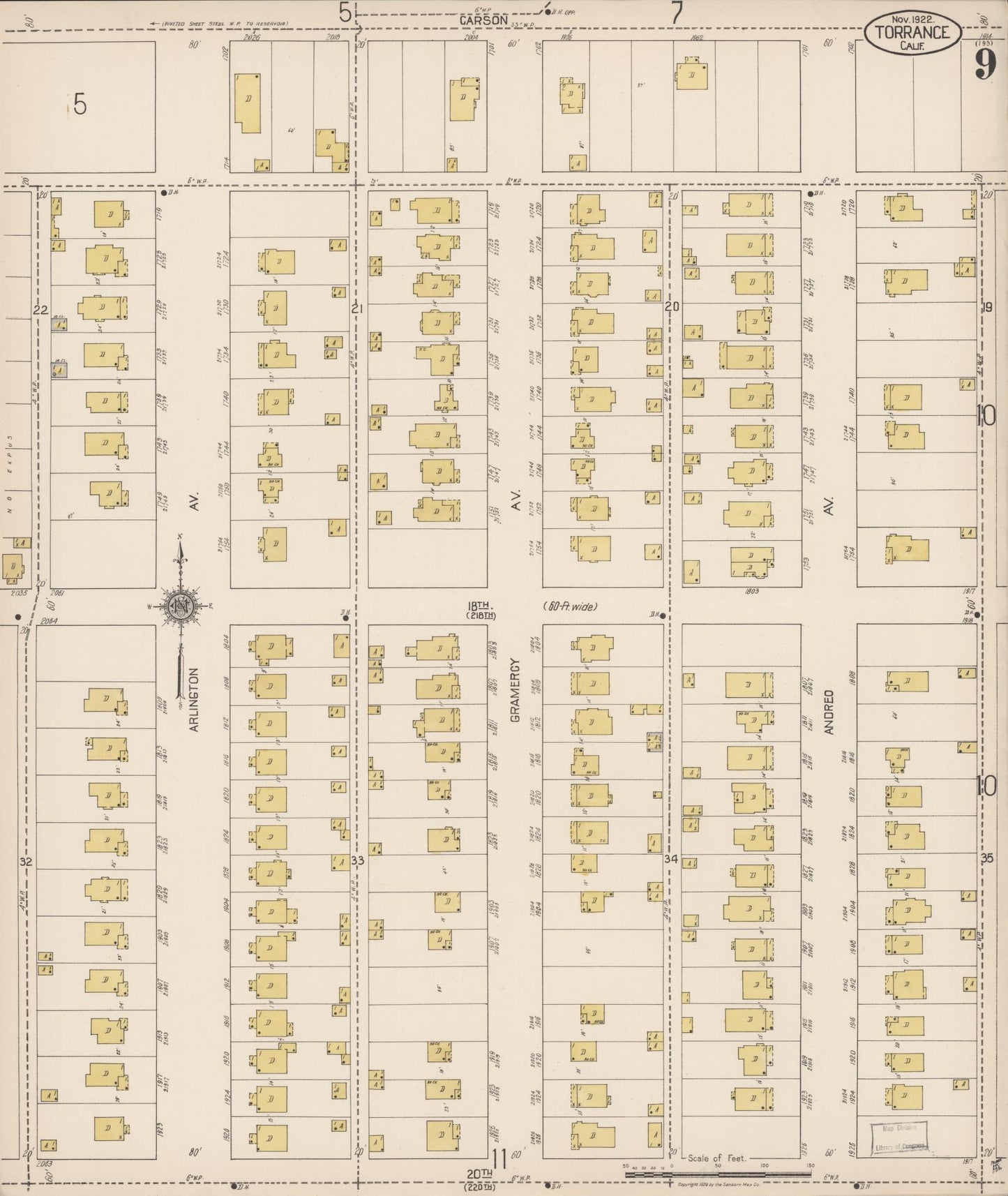 Sanborn Fire Insurance Map from Torrance, Los Angeles County, California (1922), Sheet #0009 - Complete Map Set gallery image, historic Sanborn map, vintage wall art, California California