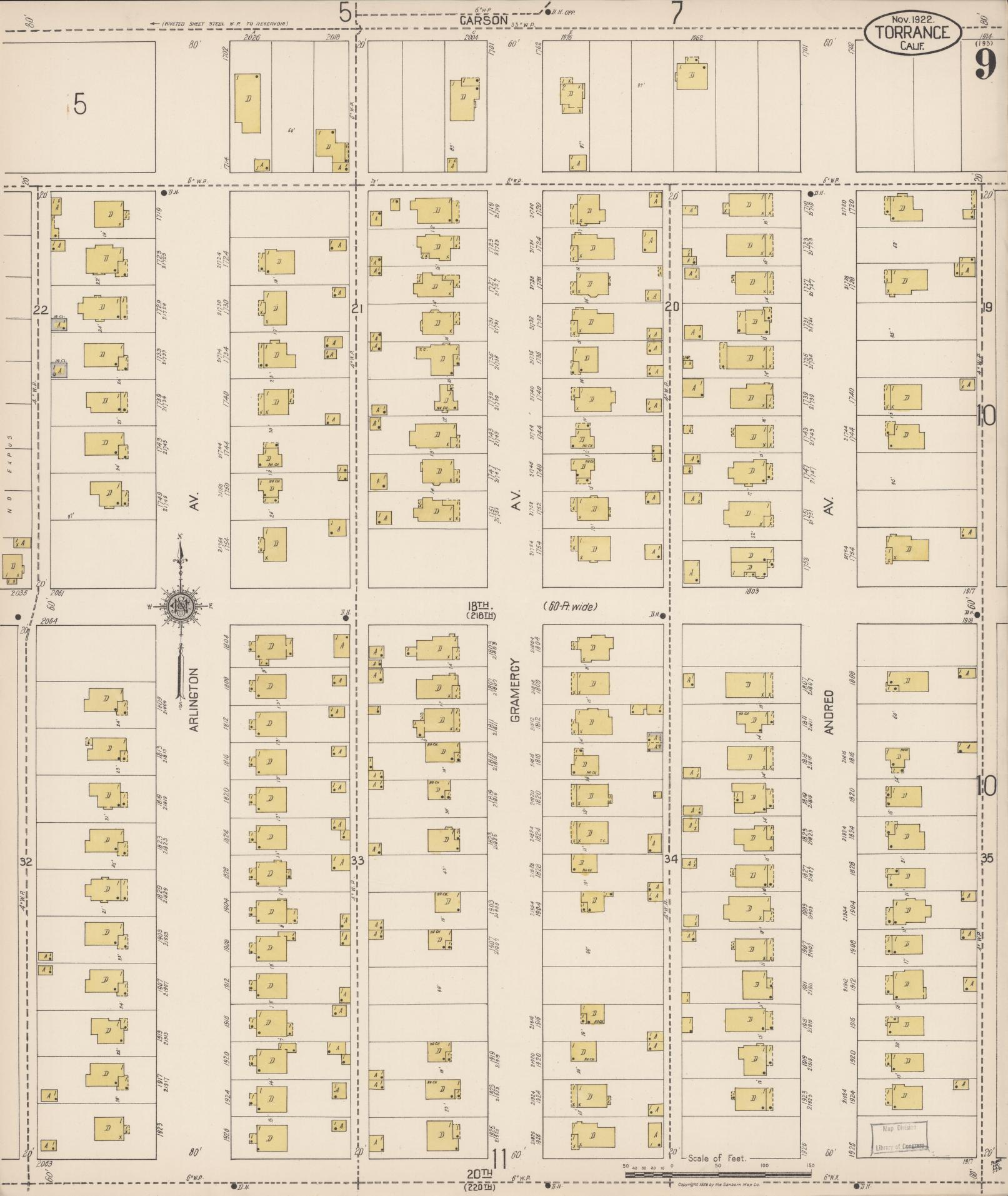 Sanborn Fire Insurance Map from Torrance, Los Angeles County, California (1922), Sheet #0009 - Complete Map Set gallery image, historic Sanborn map, vintage wall art, California California