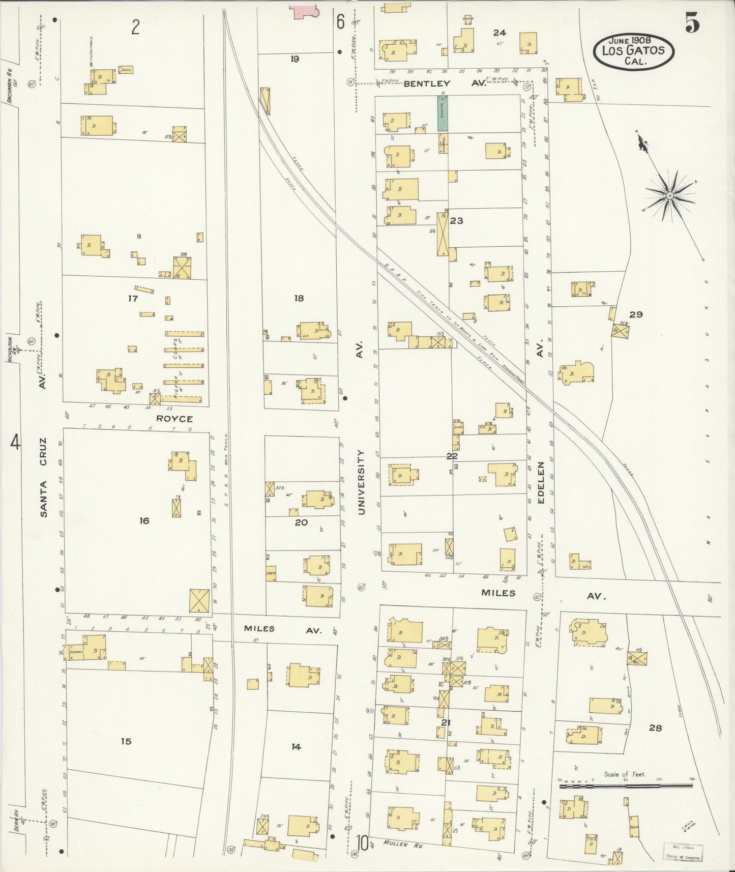 Sanborn Fire Insurance Map from Los Gatos, Santa Clara County, California (1908), Sheet #0005 - Historic Sanborn Fire Insurance Map Print, vintage old map wall art, antique decor, genealogy gift, California California map