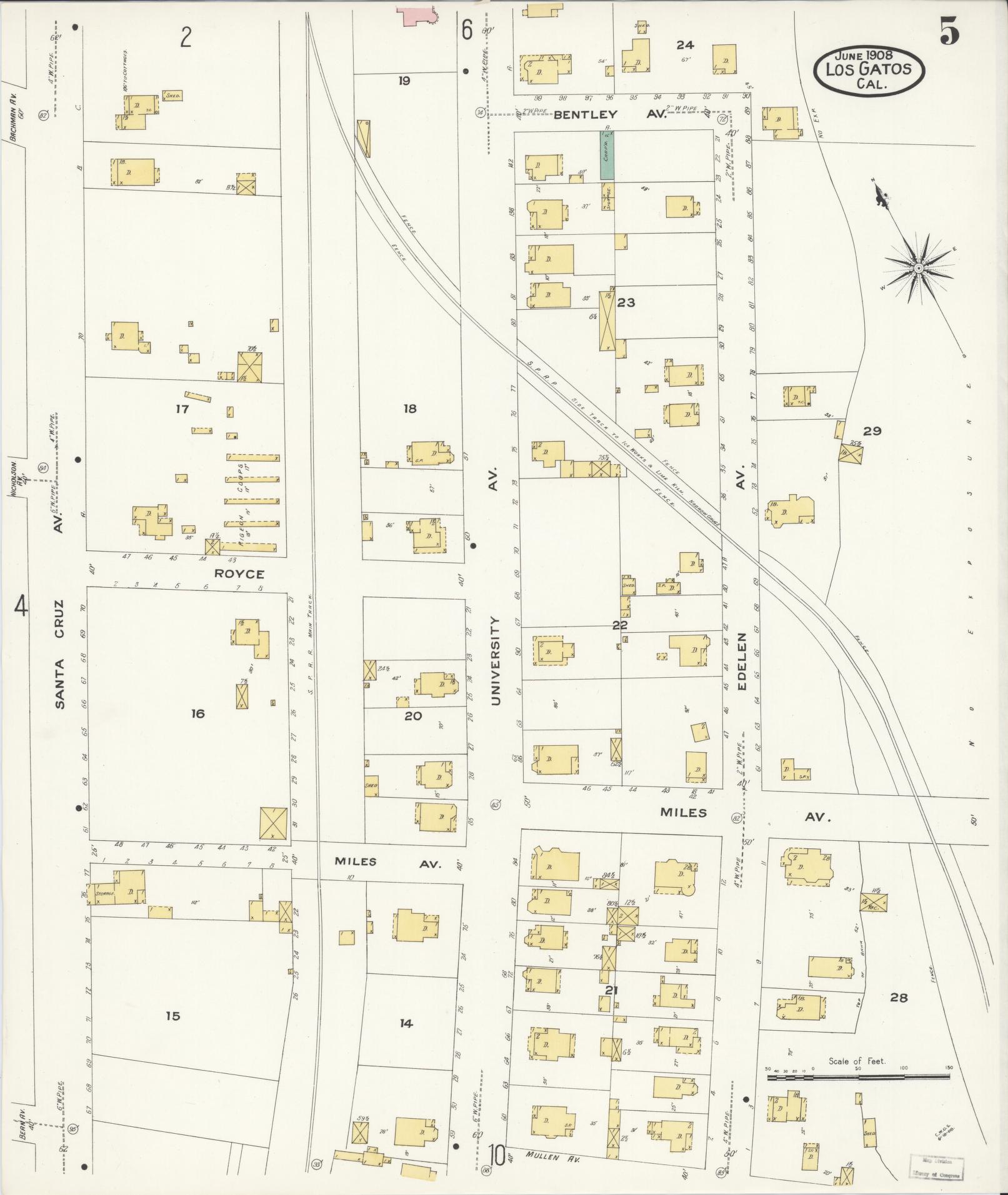Sanborn Fire Insurance Map from Los Gatos, Santa Clara County, California (1908), Sheet #0005 - Historic Sanborn Fire Insurance Map Print, vintage old map wall art, antique decor, genealogy gift, California California map