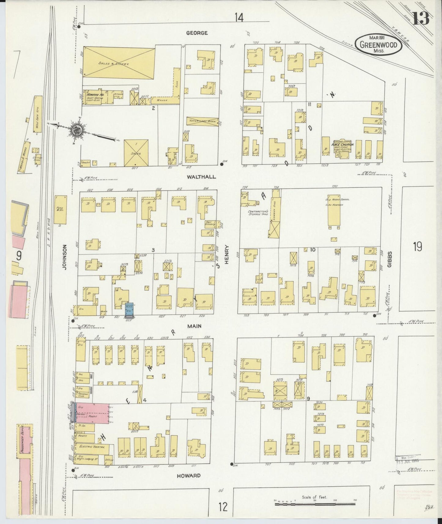 Sanborn Fire Insurance Map from Greenwood, Leflore County, Mississippi (1911), Sheet #0013 - Historic Sanborn Fire Insurance Map Print, vintage old map wall art, antique decor, genealogy gift, Mississippi Mississippi map
