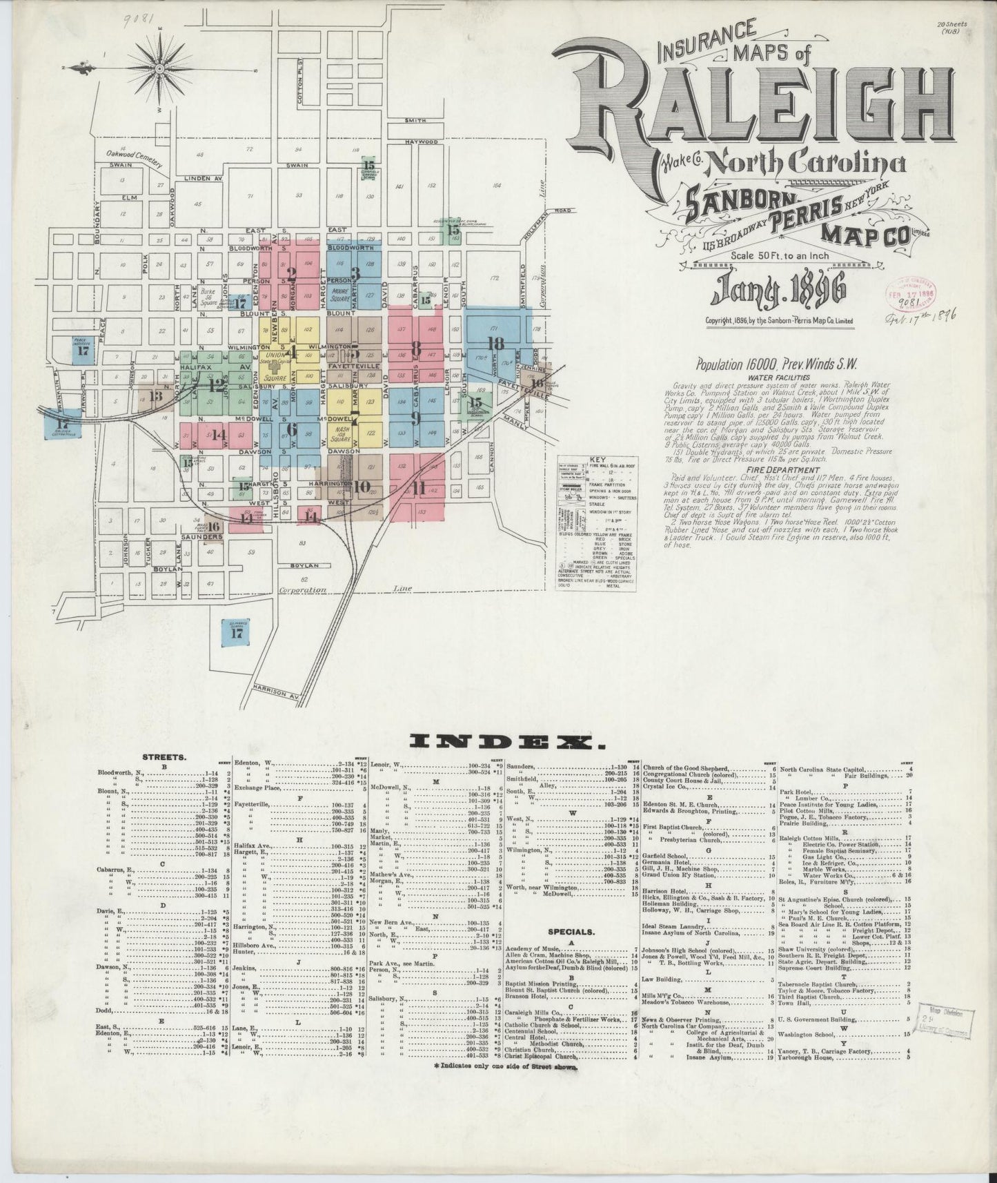 Sanborn Fire Insurance Map from Raleigh, Wake County, North Carolina. (1896) – Historic Sanborn Fire Insurance Map Print