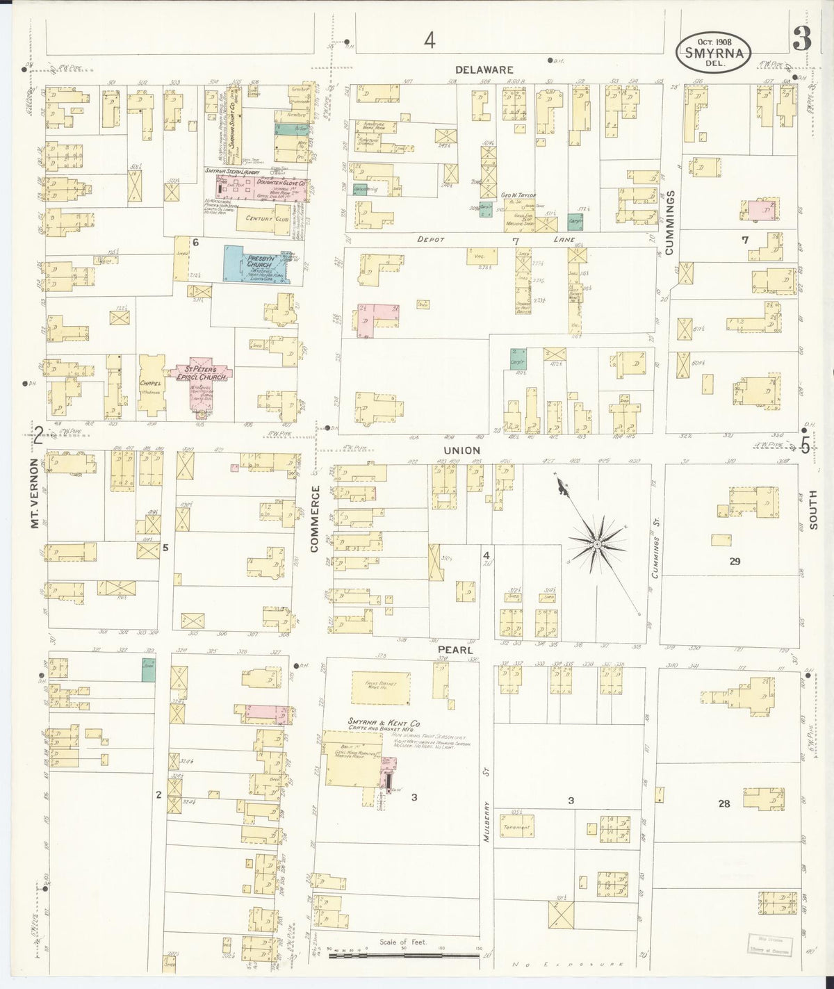 Sanborn Fire Insurance Map from Smyrna, Kent County, Delaware (1908), Sheet #0003 - Complete Map Set gallery image, historic Sanborn map, vintage wall art, Delaware Delaware