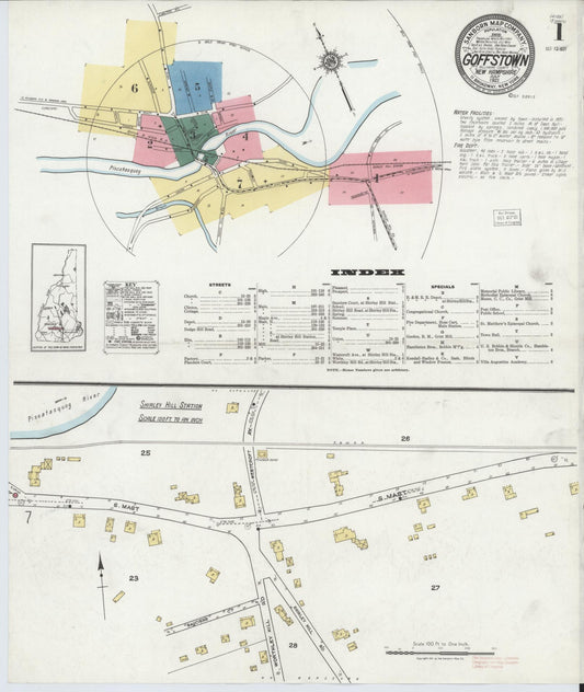 Sanborn Fire Insurance Map from Goffstown, Hillsborough County, New Hampshire (1921), Sheet #0001 - Historic Sanborn Fire Insurance Map Print, vintage old map wall art, antique decor, genealogy gift, New Hampshire New Hampshire map