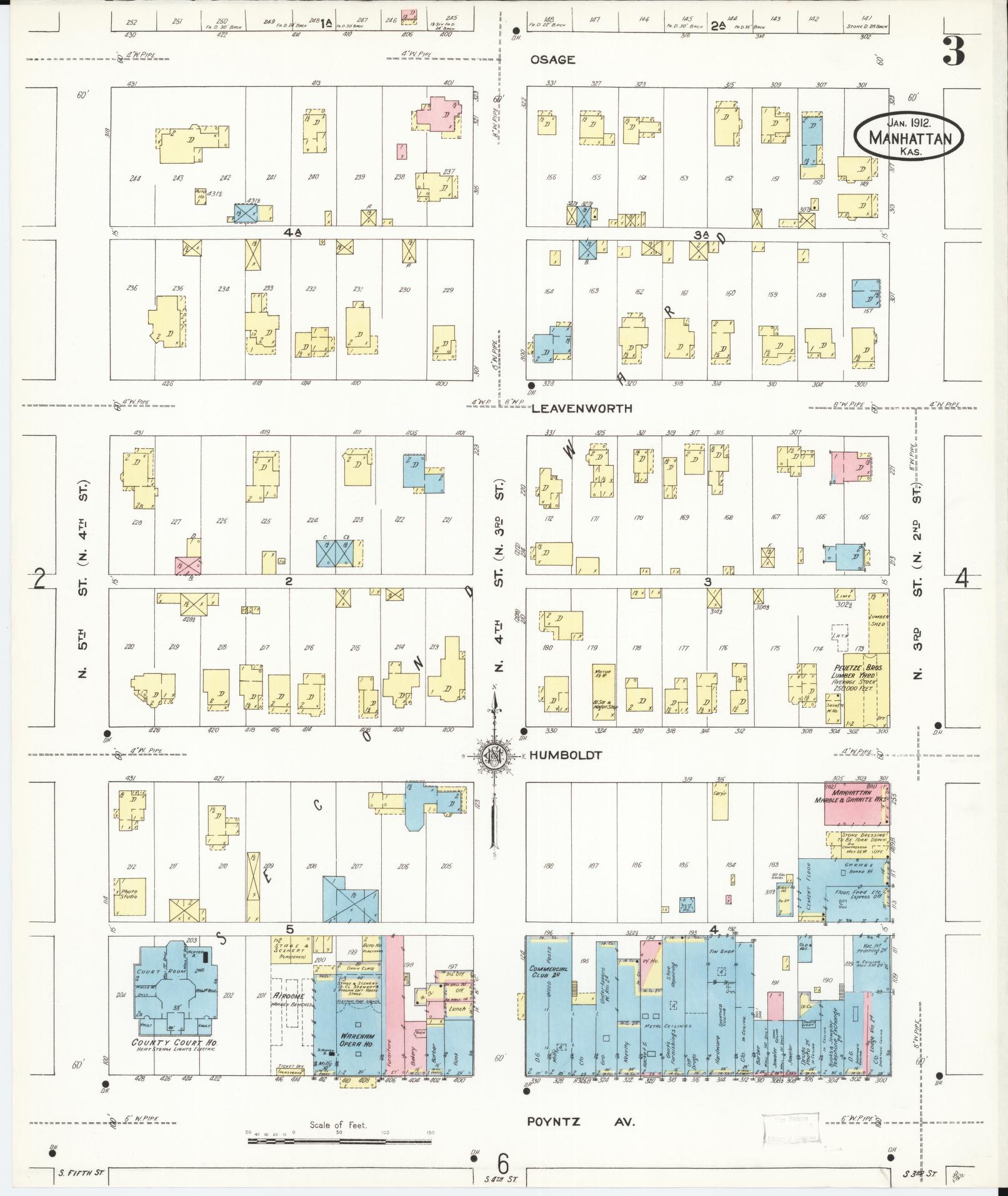 Sanborn Fire Insurance Map from Manhattan, Riley County, Kansas (1912), Sheet #0003 - Complete Map Set gallery image, historic Sanborn map, vintage wall art, Kansas Kansas