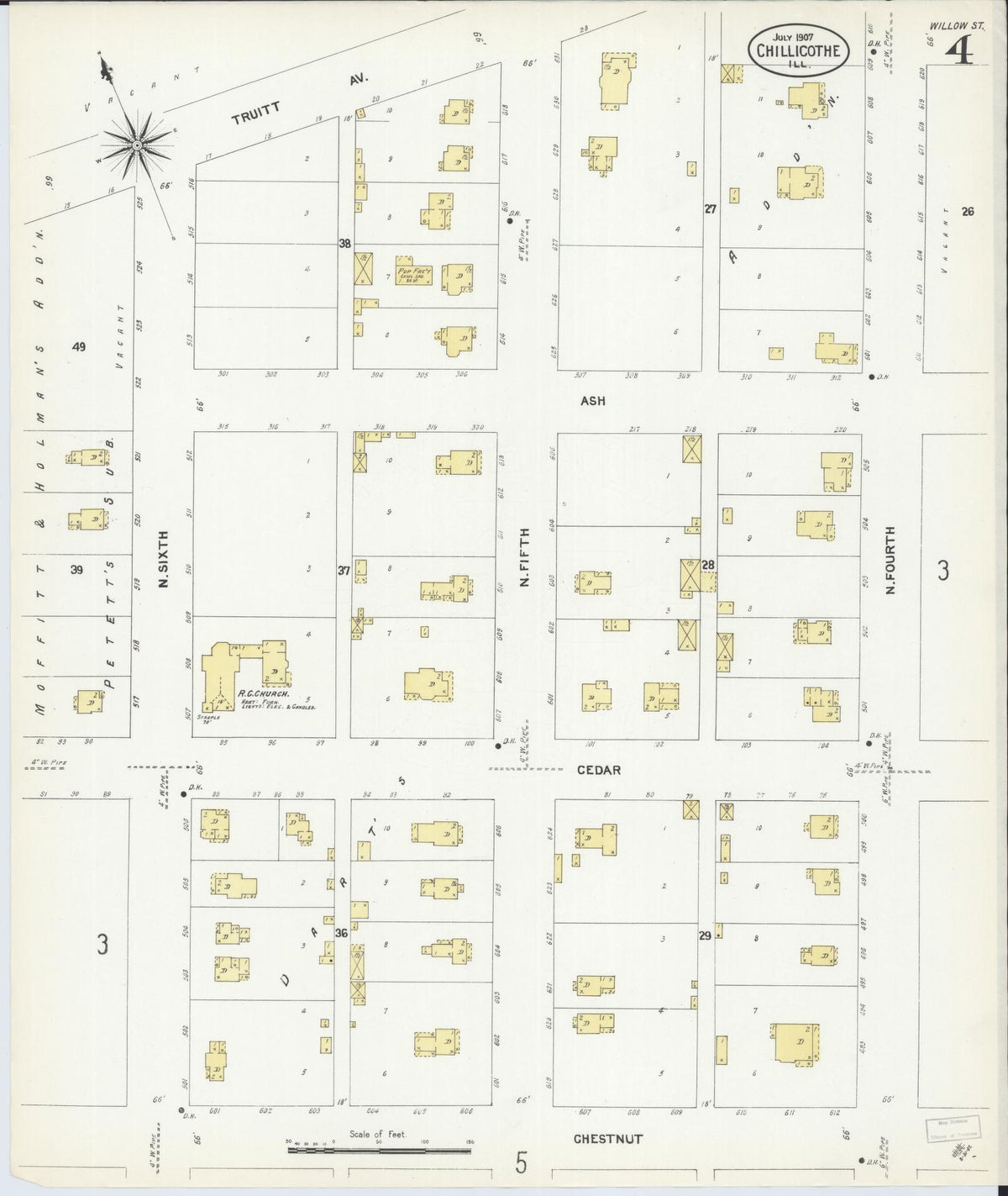 Sanborn Fire Insurance Map from Chillicothe, Peoria County, Illinois (1907), Sheet #0004 - Historic Sanborn Fire Insurance Map Print, vintage old map wall art, antique decor, genealogy gift, Illinois Illinois map