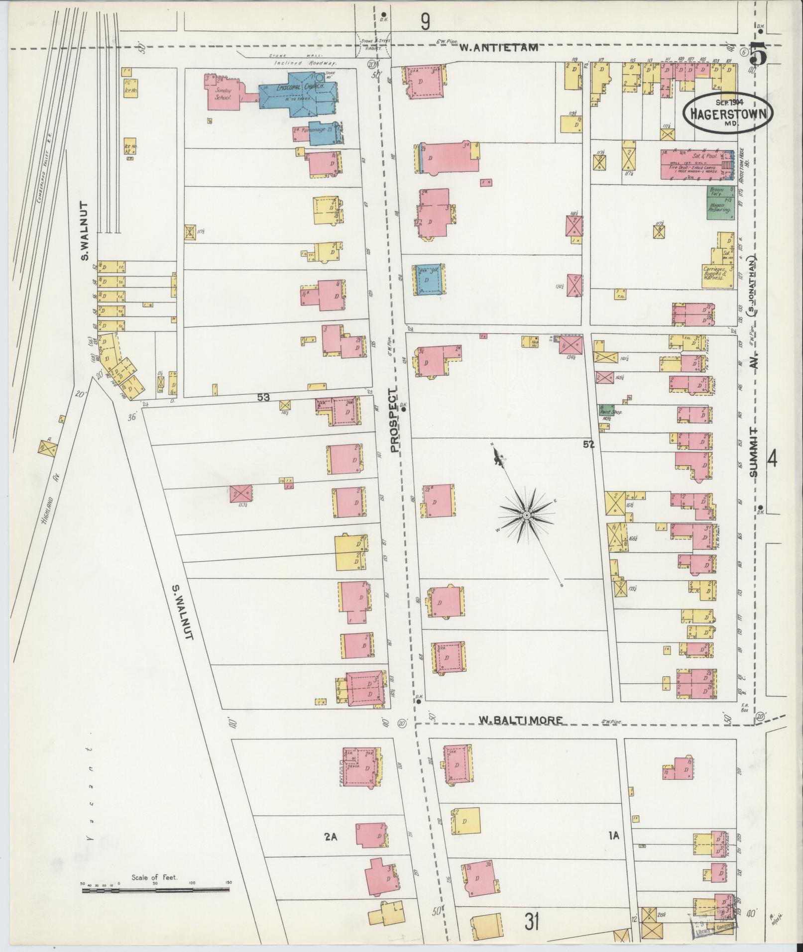 Washington, Maryland - 1904 - Sanborn Fire Insurance Map, Sheet #0005 - Historic Sanborn Fire Insurance Map Print, Washington Maryland 1904 0005 vintage old map wall art
