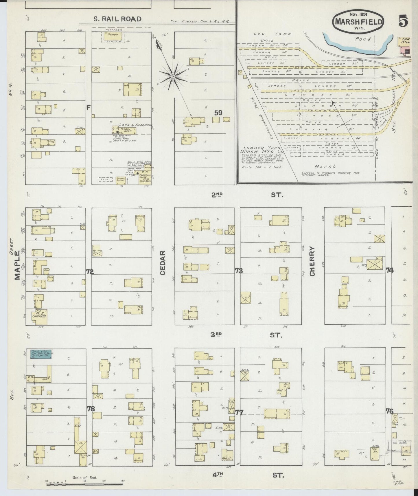 Sanborn Fire Insurance Map from Marshfield, Wood County, Wisconsin (1891), Sheet #0005 - Complete Map Set gallery image, historic Sanborn map, vintage wall art, Wisconsin Wisconsin