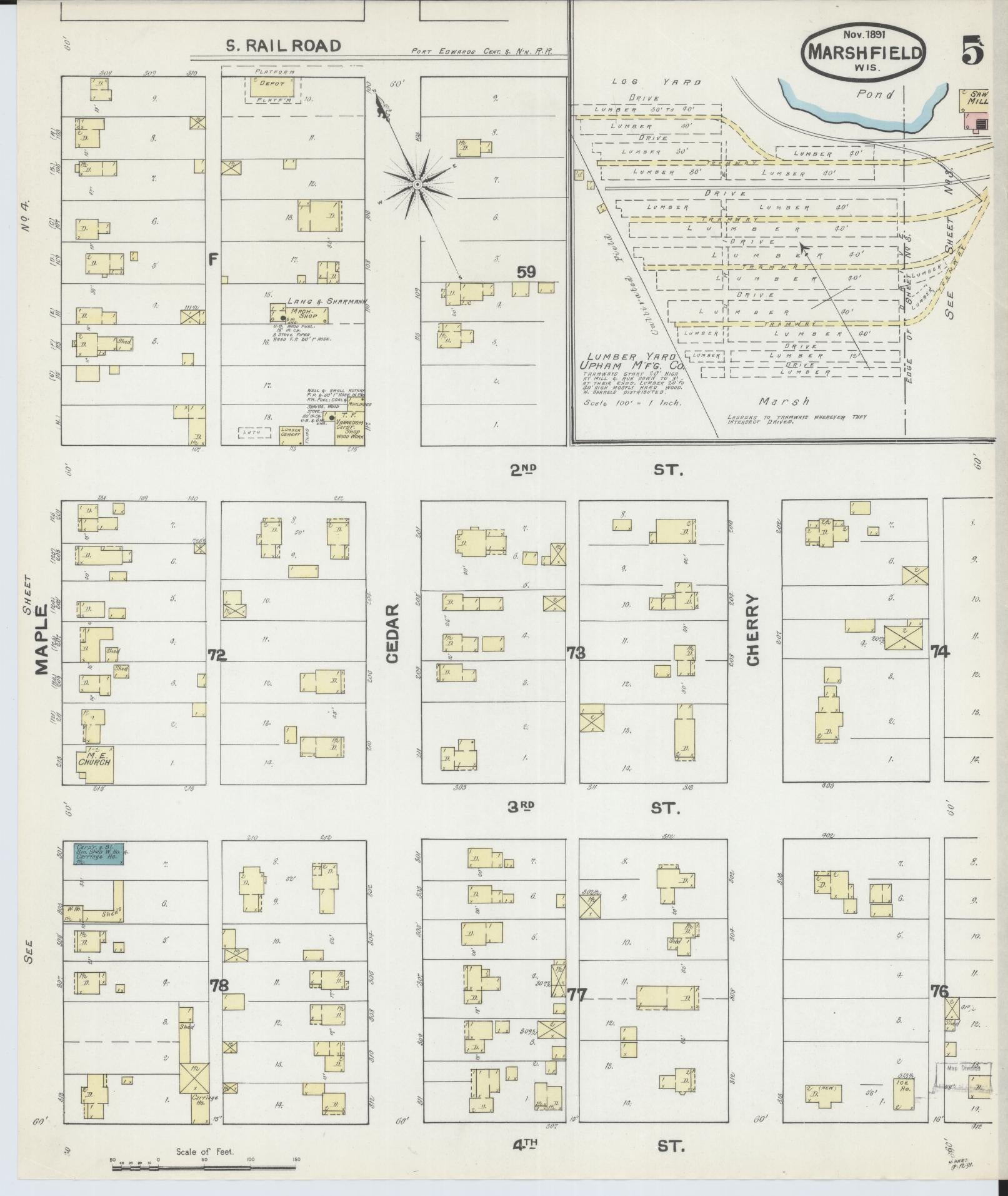 Sanborn Fire Insurance Map from Marshfield, Wood County, Wisconsin (1891), Sheet #0005 - Complete Map Set gallery image, historic Sanborn map, vintage wall art, Wisconsin Wisconsin