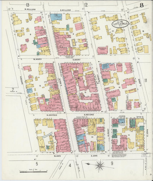 Sanborn Fire Insurance Map from Little Falls, Herkimer County, New York (1906), Sheet #0008 - Historic Sanborn Fire Insurance Map Print, vintage old map wall art, antique decor, genealogy gift, New York New York map