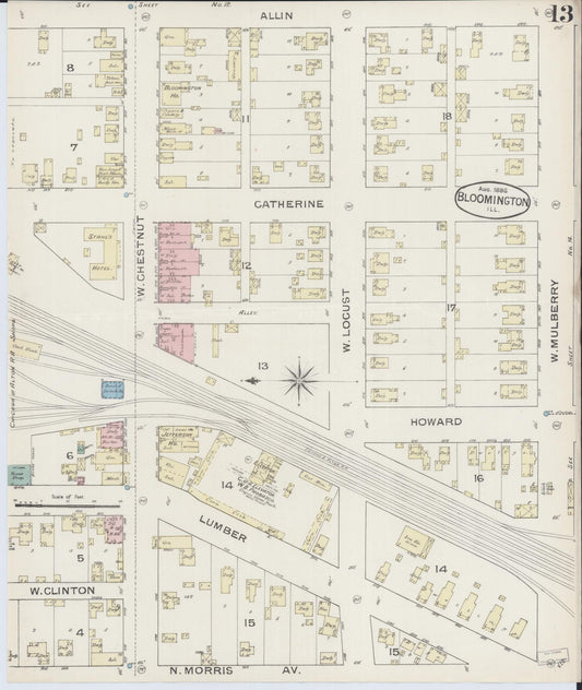 Sanborn Fire Insurance Map from Bloomington, McLean County, Illinois (1886), Sheet #0013 - Historic Sanborn Fire Insurance Map Print, vintage old map wall art, antique decor, genealogy gift, Illinois Illinois map