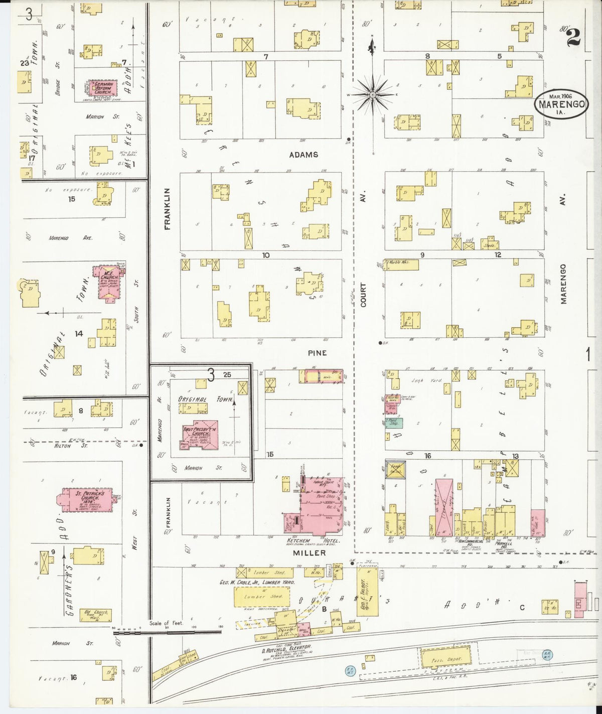 Sanborn Fire Insurance Map from Marengo, Iowa County, Iowa (1906), Sheet #0002 - Historic Sanborn Fire Insurance Map Print, vintage old map wall art