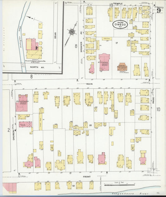 Sanborn Fire Insurance Map from Owego, Tioga County, New York (1910), Sheet #0009 - Historic Sanborn Fire Insurance Map Print, vintage old map wall art, antique decor, genealogy gift, New York New York map