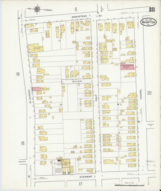 Sanborn Fire Insurance Map from Hampton, Independent Cities, Virginia (1916), Sheet #0018 - Historic Sanborn Fire Insurance Map Print, vintage old map wall art, antique decor, genealogy gift, Virginia Virginia map