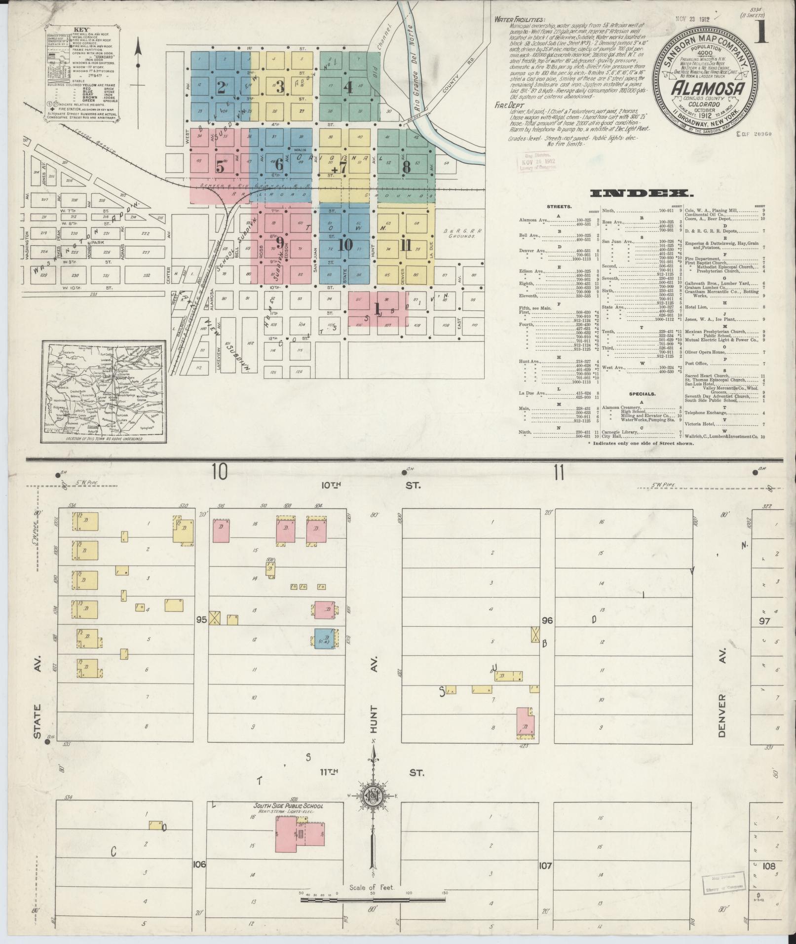 Sanborn Fire Insurance Map from Alamosa, Alamosa County, Colorado (1912), Sheet #0001 - Complete Map Set gallery image, historic Sanborn map, vintage wall art, Colorado Colorado