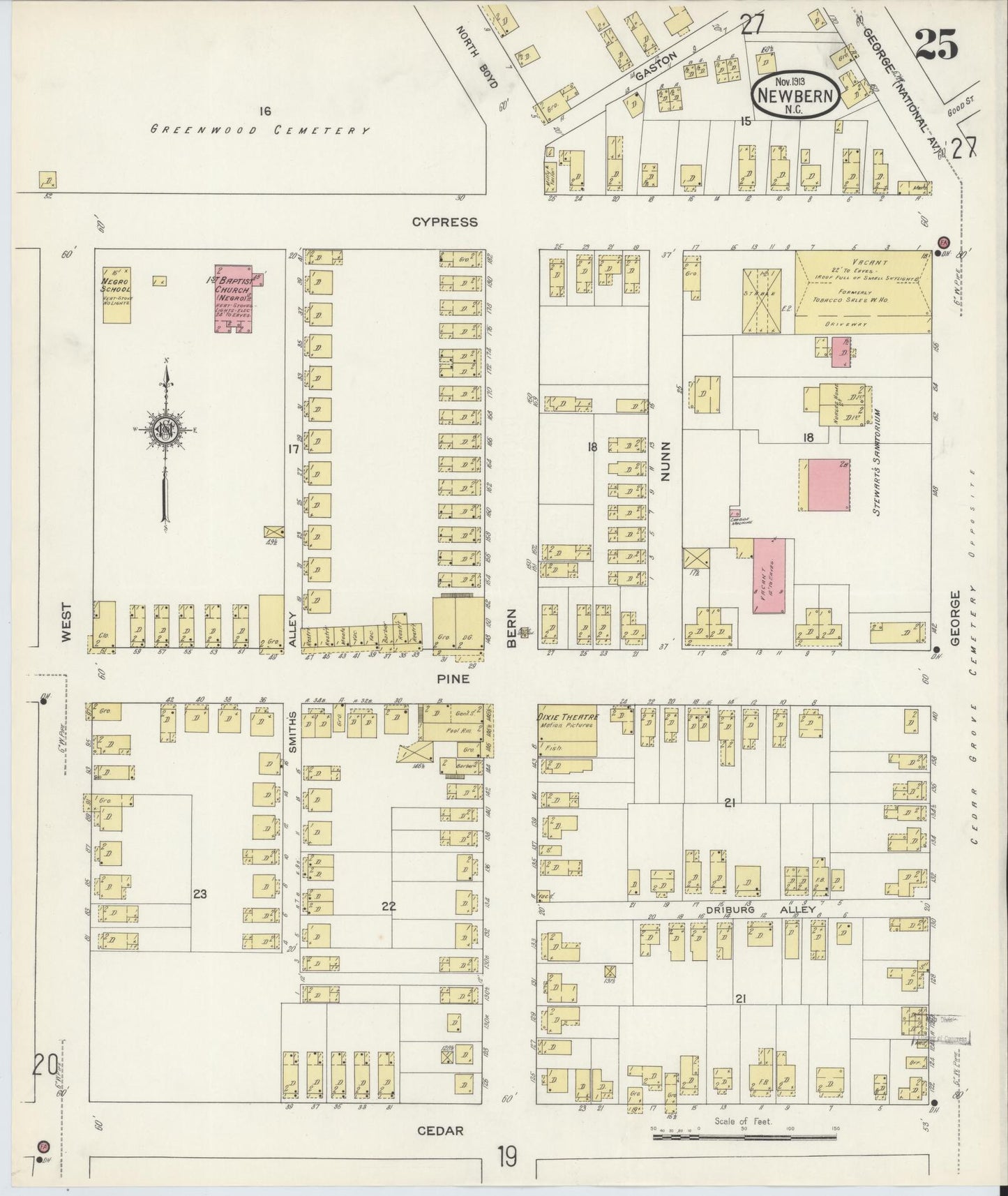 Sanborn Fire Insurance Map from New Bern, Craven County, North Carolina (1913), Sheet #0025 - Complete Map Set gallery image, historic Sanborn map, vintage wall art, North Carolina North Carolina