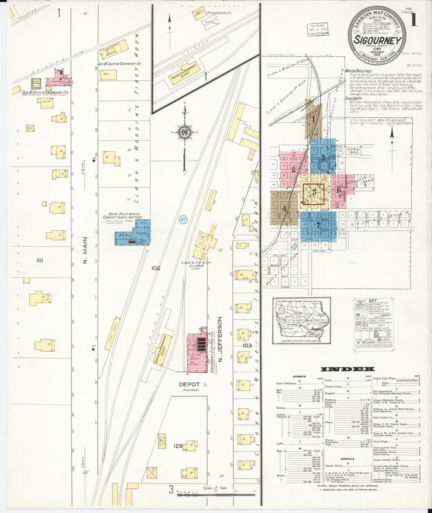 Sanborn Fire Insurance Map from Sigourney, Kiokuk County, Iowa (1916), Sheet #0001 - Historic Sanborn Fire Insurance Map Print