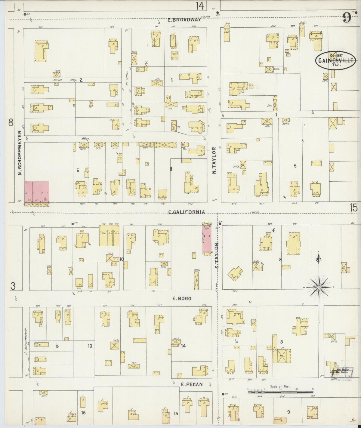 Sanborn Fire Insurance Map from Gainesville, Cooke County, Texas (1897), Sheet #0009 - Historic Sanborn Fire Insurance Map Print, vintage old map wall art, antique decor, genealogy gift, Texas Texas map