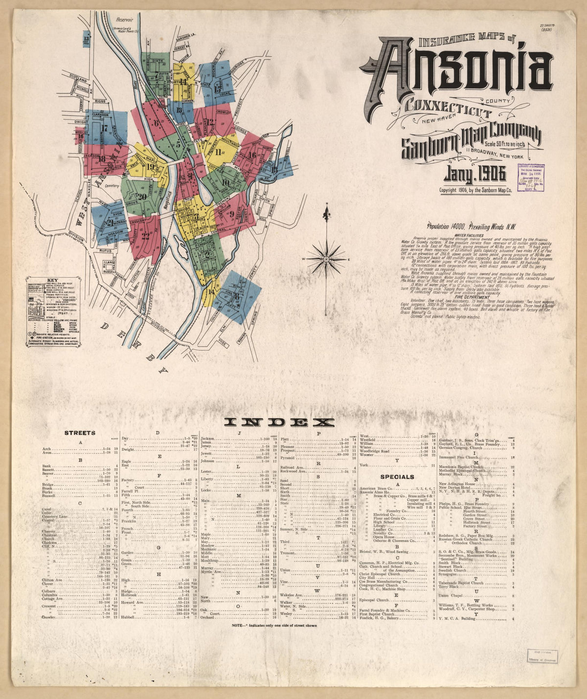 Sanborn Fire Insurance Map from Ansonia, New Haven County, Connecticut (1906), Sheet #0001 - Historic Sanborn Fire Insurance Map Print, vintage old map wall art, antique decor, genealogy gift, Connecticut Connecticut map
