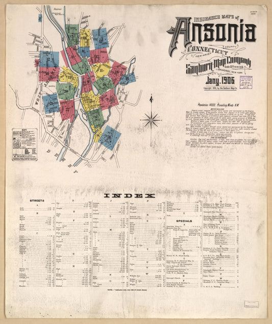 Sanborn Fire Insurance Map from Ansonia, New Haven County, Connecticut (1906), Sheet #0001 - Historic Sanborn Fire Insurance Map Print, vintage old map wall art, antique decor, genealogy gift, Connecticut Connecticut map