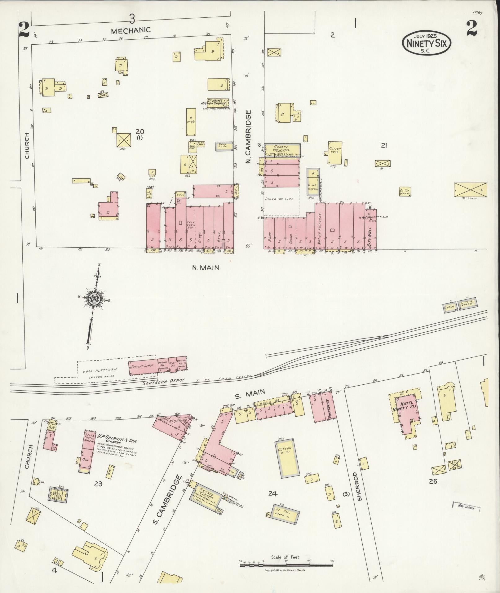 Sanborn Fire Insurance Map from Ninety Six, Greenwood County, South Carolina (1925), Sheet #0002 - Historic Sanborn Fire Insurance Map Print, vintage old map wall art, antique decor, genealogy gift, South Carolina South Carolina map