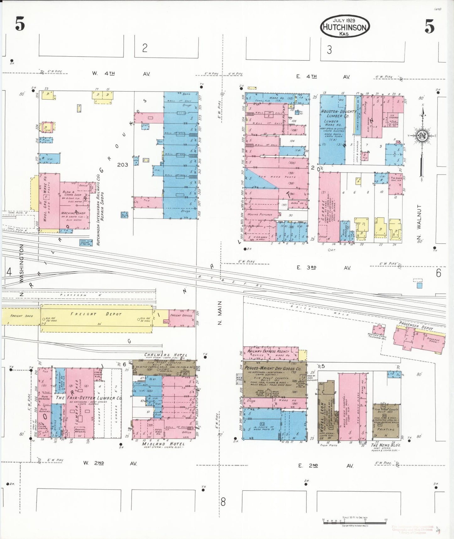 Sanborn Fire Insurance Map from Hutchinson, Reno County, Kansas (1929), Sheet #0006 - Historic Sanborn Fire Insurance Map Print, vintage old map wall art, antique decor, genealogy gift, Kansas Kansas map