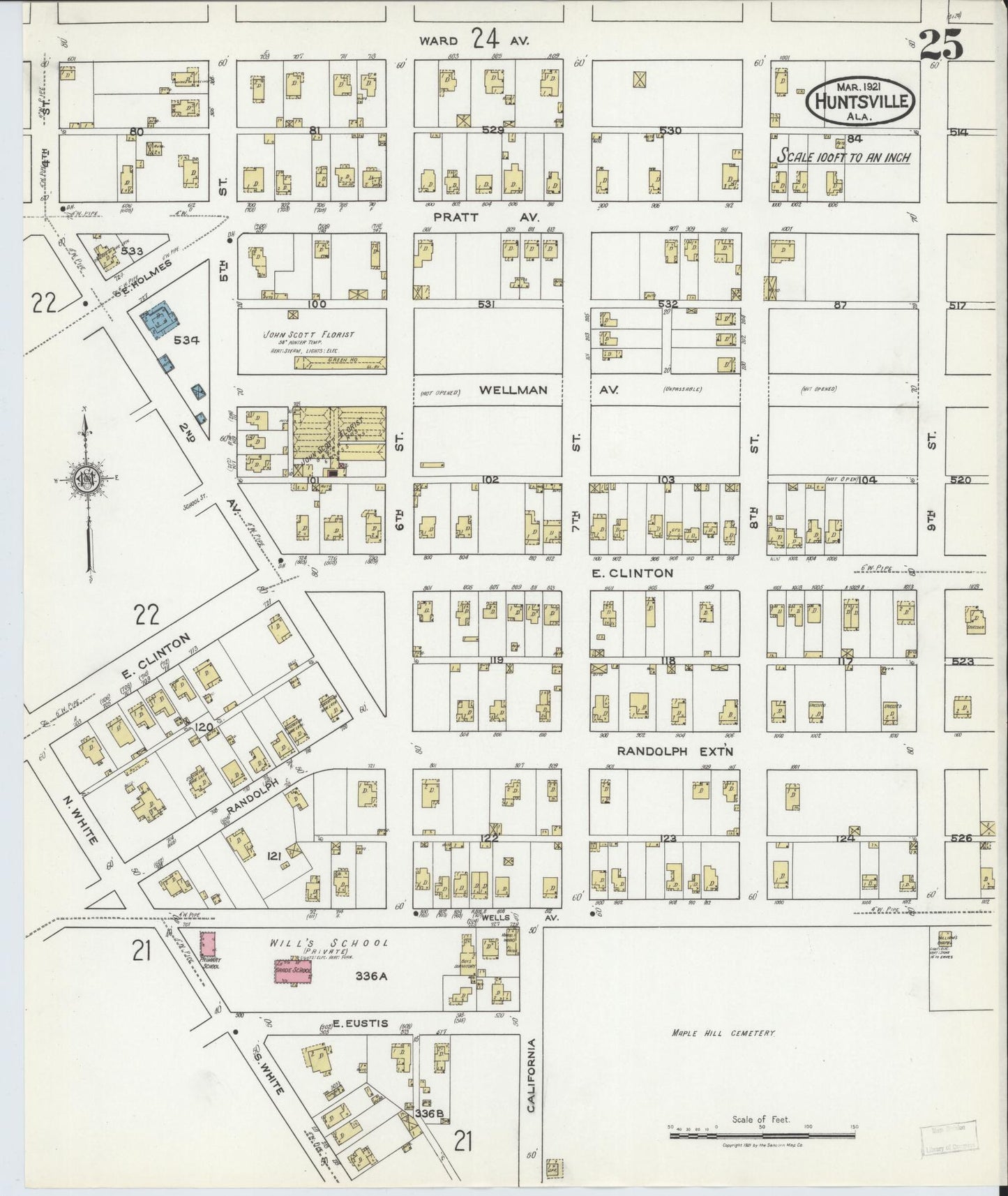 Sanborn Fire Insurance Map from Huntsville, Madison County, Alabama (1921), Sheet #0025 - Complete Map Set gallery image, historic Sanborn map, vintage wall art, Alabama Alabama