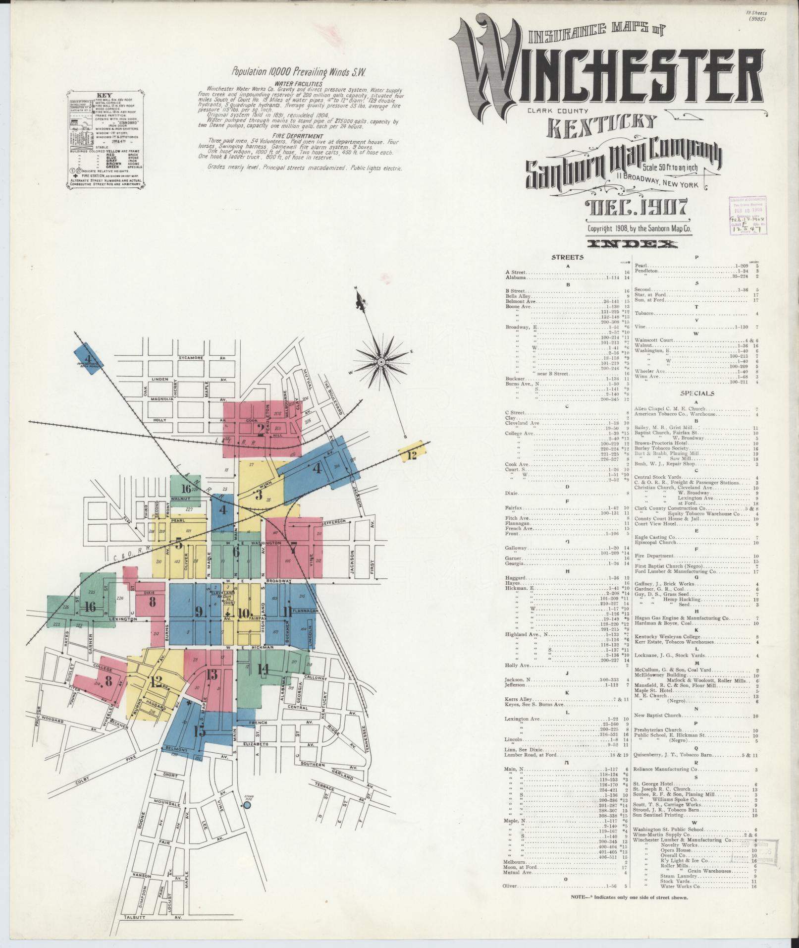 Sanborn Fire Insurance Map from Winchester, Clark County, Kentucky (1907), Sheet #0001 - Complete Map Set gallery image, historic Sanborn map, vintage wall art, Kentucky Kentucky