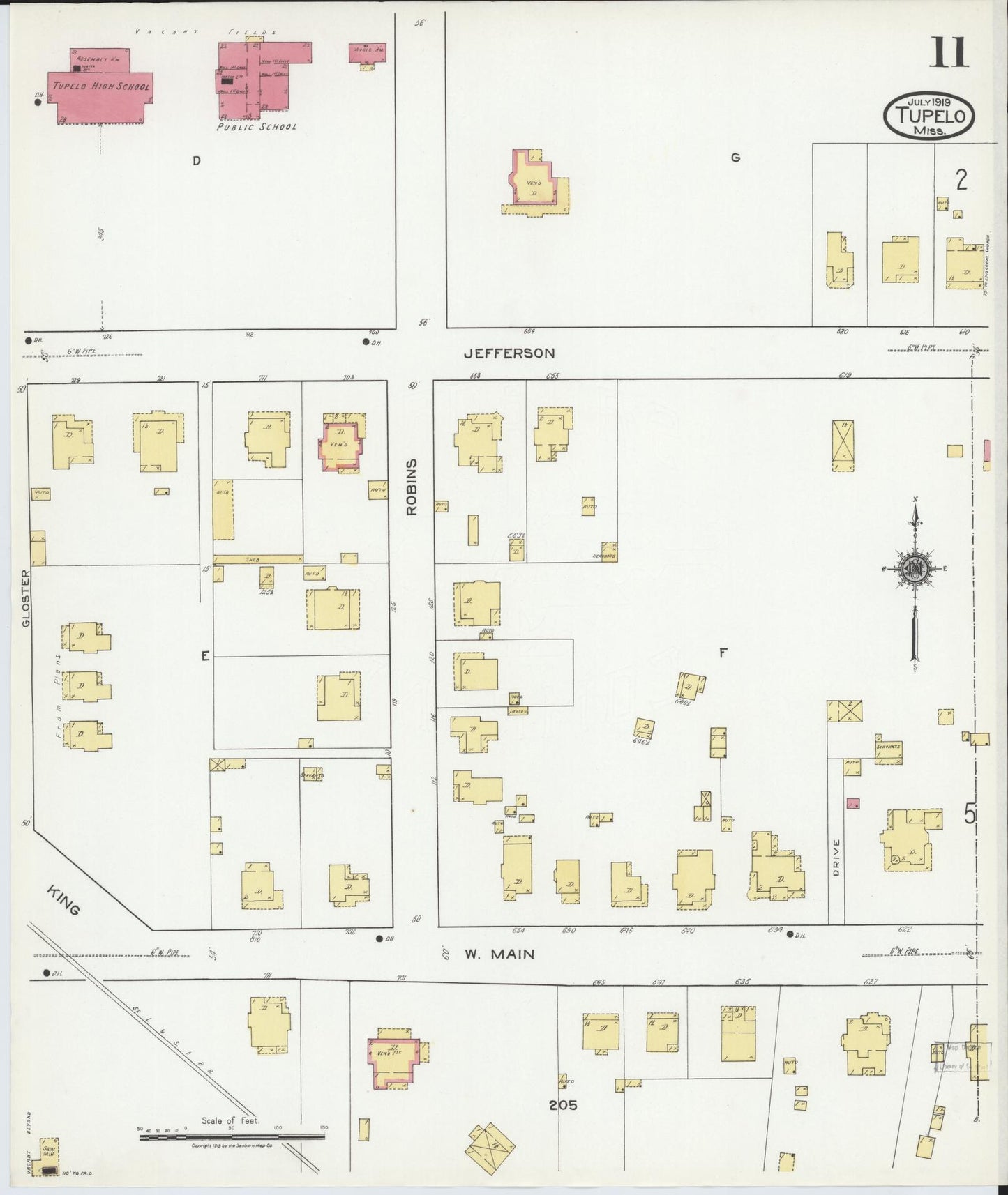 Sanborn Fire Insurance Map from Tupelo, Lee County, Mississippi (1919), Sheet #0011 - Historic Sanborn Fire Insurance Map Print, vintage old map wall art, antique decor, genealogy gift, Mississippi Mississippi map