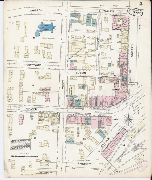 Sanborn Fire Insurance Map from Rutland, Rutland County, Vermont (1879), Sheet #0003 - Historic Sanborn Fire Insurance Map Print, vintage old map wall art, antique decor, genealogy gift, Vermont Vermont map