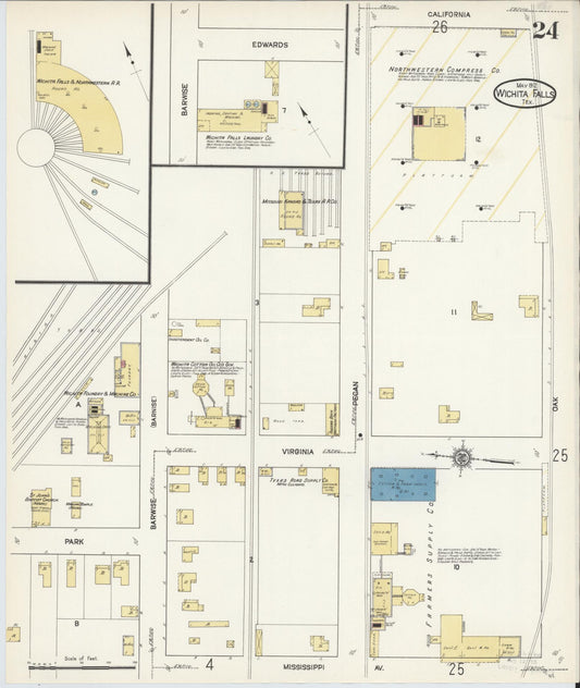Sanborn Fire Insurance Map from Wichita Falls, Wichita County, Texas (1912), Sheet #0024 - Historic Sanborn Fire Insurance Map Print, vintage old map wall art, antique decor, genealogy gift, Texas Texas map