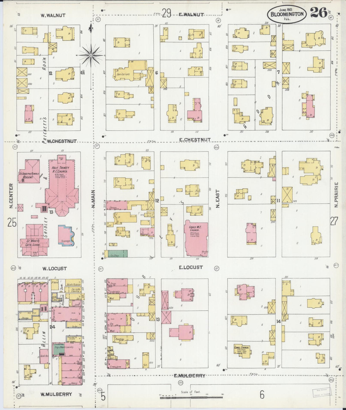 Sanborn Fire Insurance Map from Bloomington, McLean County, Illinois (1901), Sheet #0026 - Complete Map Set gallery image, historic Sanborn map, vintage wall art, Illinois Illinois