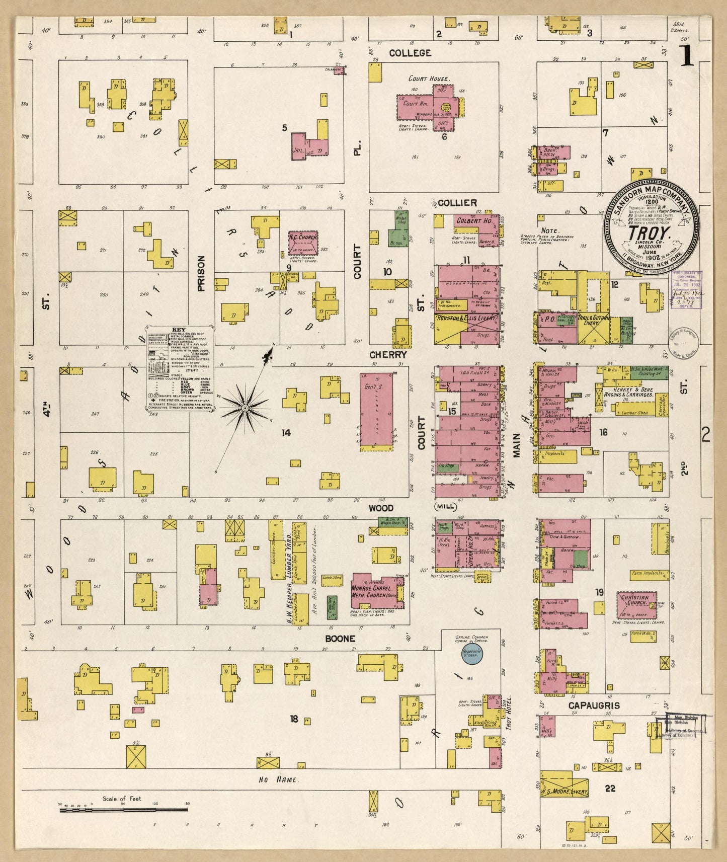 Sanborn Fire Insurance Map from Troy, Lincoln County, Missouri (1902), Sheet #0001 - Historic Sanborn Fire Insurance Map Print, vintage old map wall art, antique decor, genealogy gift, Missouri Missouri map