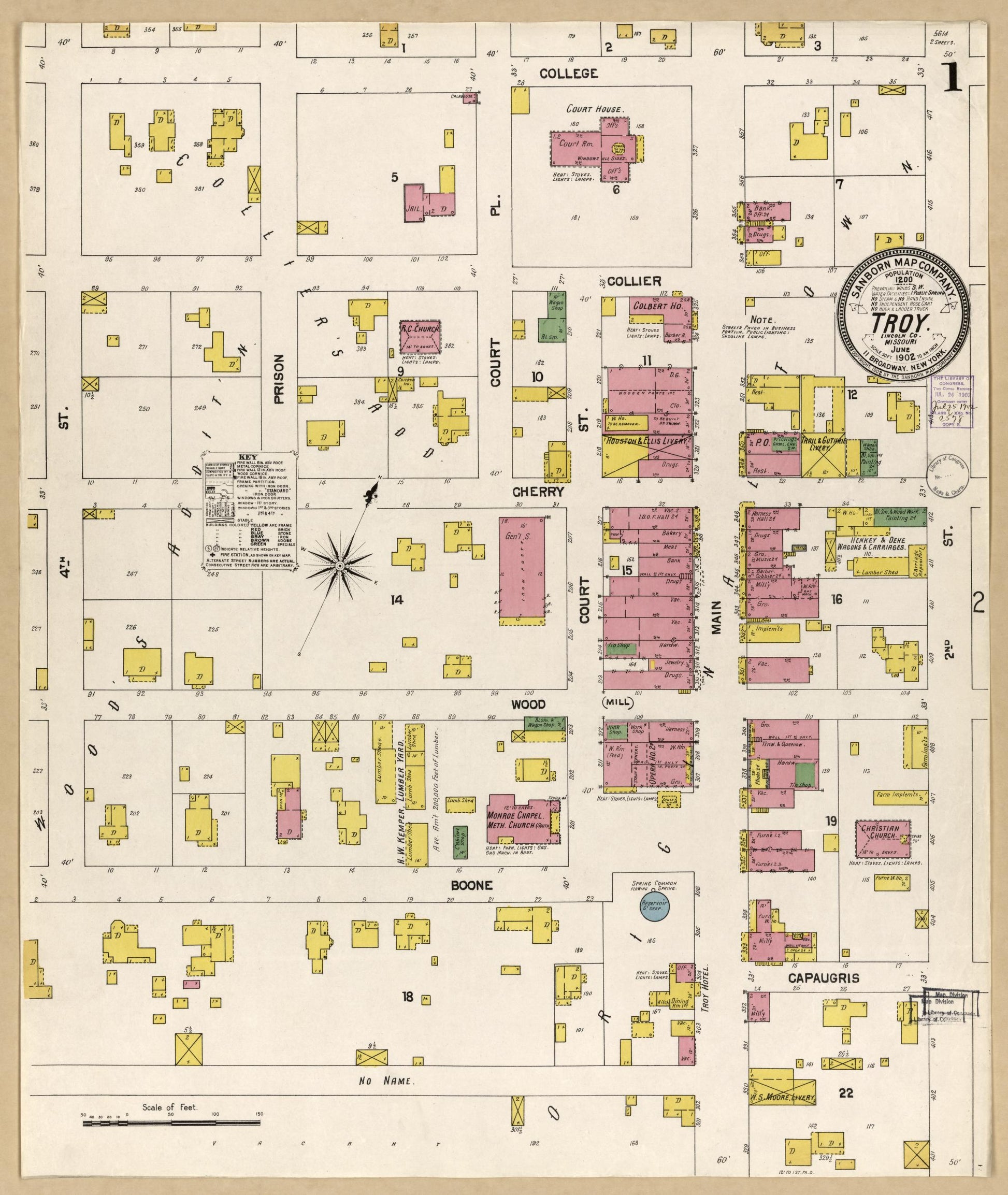 Sanborn Fire Insurance Map from Troy, Lincoln County, Missouri (1902), Sheet #0001 - Historic Sanborn Fire Insurance Map Print, vintage old map wall art, antique decor, genealogy gift, Missouri Missouri map
