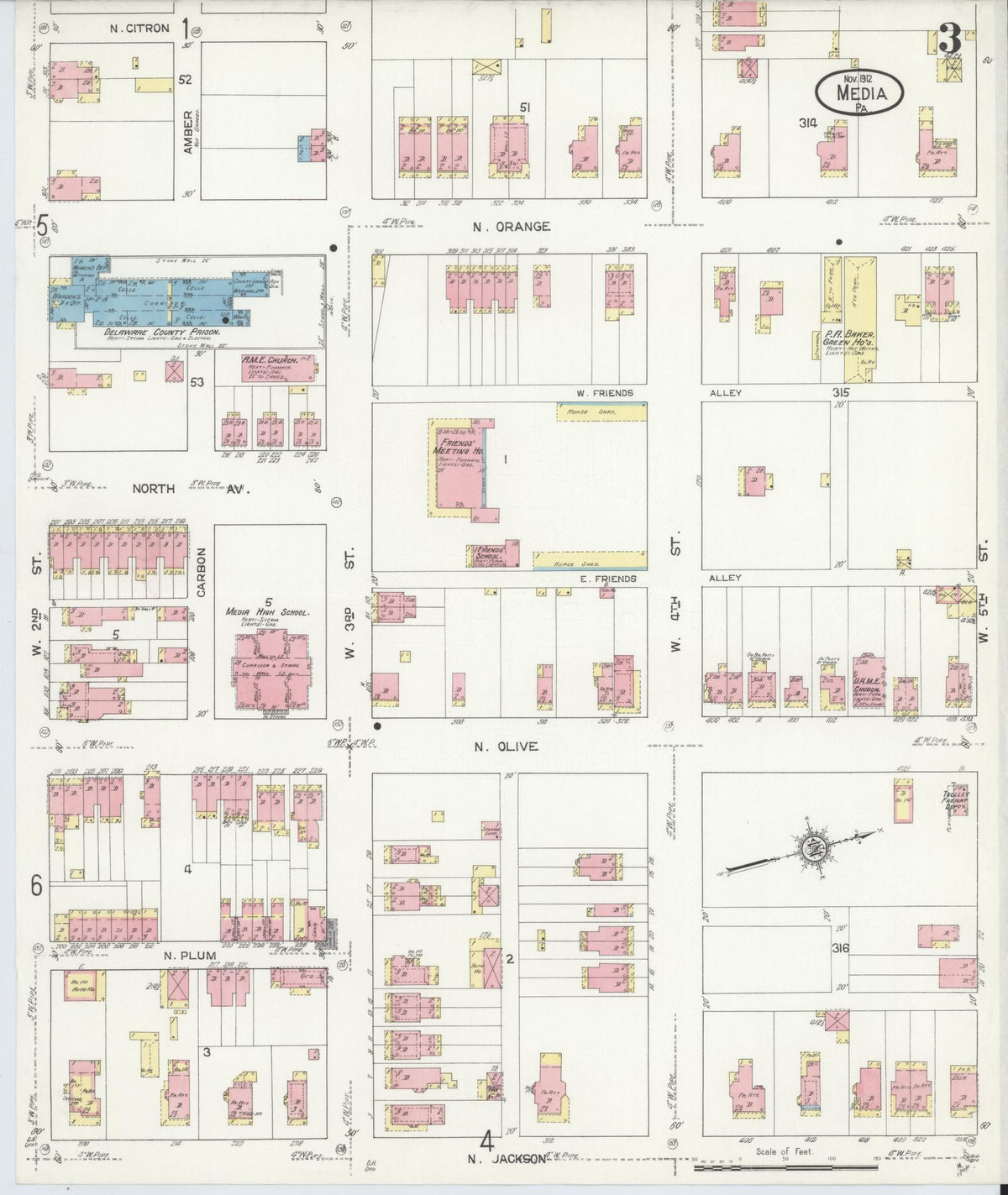 Sanborn Fire Insurance Map from Media, Delaware County, Pennsylvania (1912), Sheet #0003 - Historic Sanborn Fire Insurance Map Print, vintage old map wall art, antique decor, genealogy gift, Pennsylvania Pennsylvania map