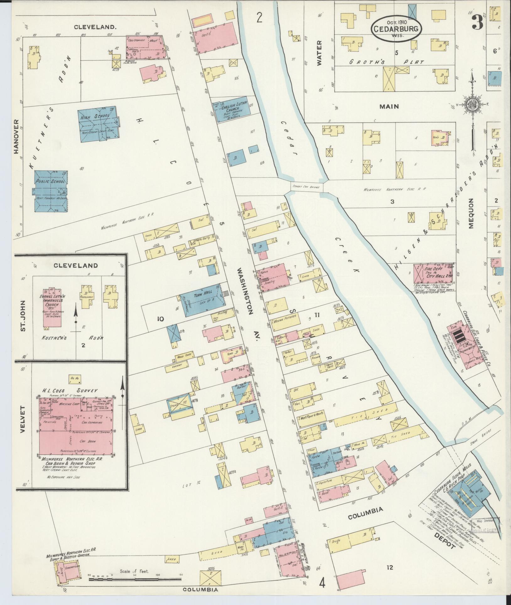 Sanborn Fire Insurance Map from Cedarburg, Ozaukee County, Wisconsin (1910), Sheet #0003 - Complete Map Set gallery image, historic Sanborn map, vintage wall art, Wisconsin Wisconsin
